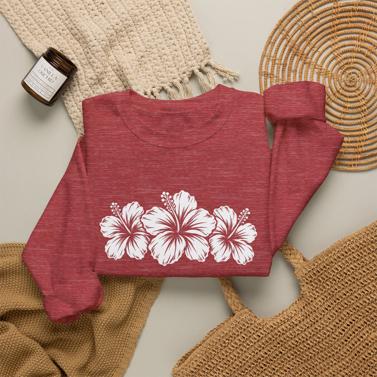 Hibiscus Floral Crewneck Sweatshirt,  Tropical Flower Graphic - 14996