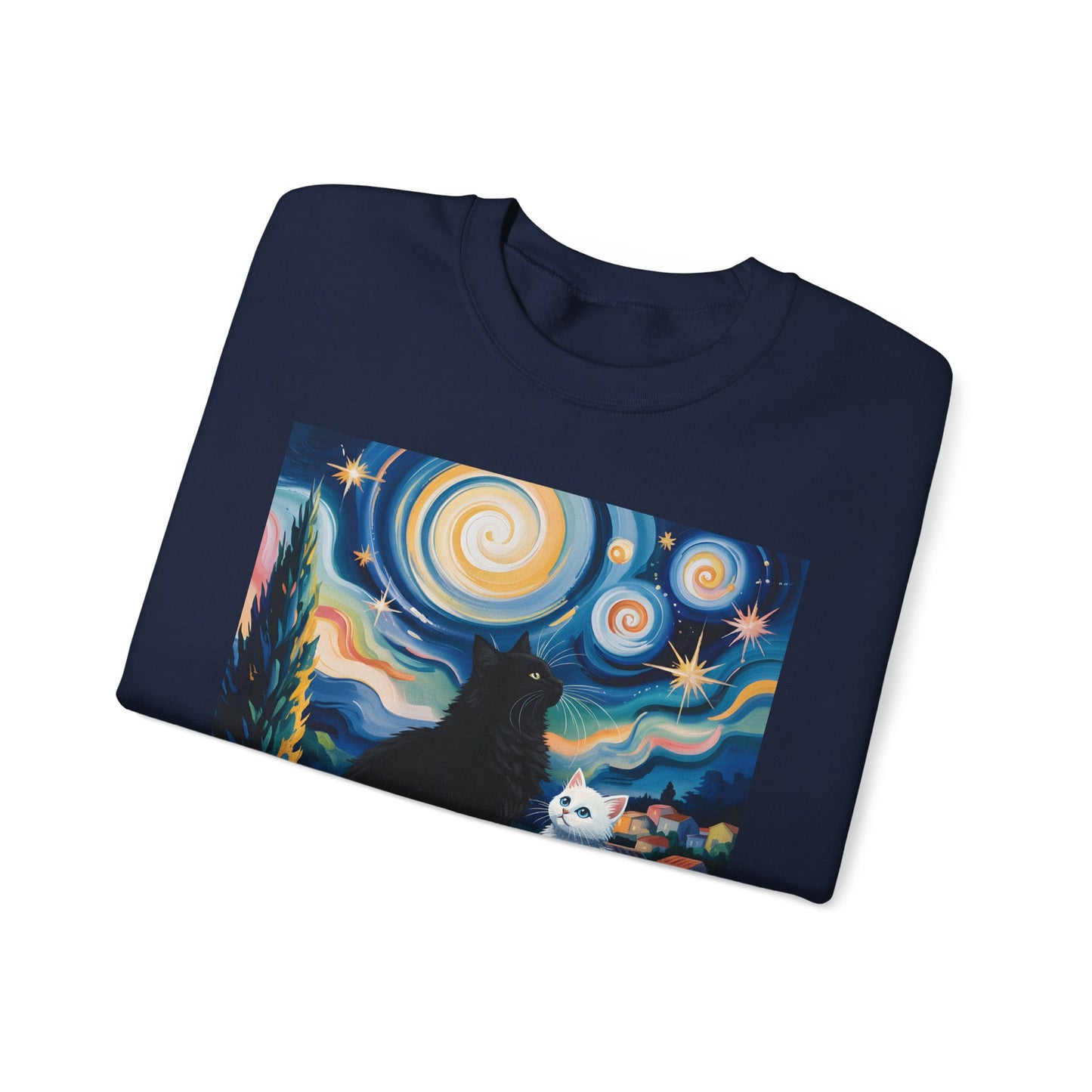 Crewneck Sweatshirt – Starry Night Cats Art, Van Gogh Inspired | Cat Lovers Gift - 14757