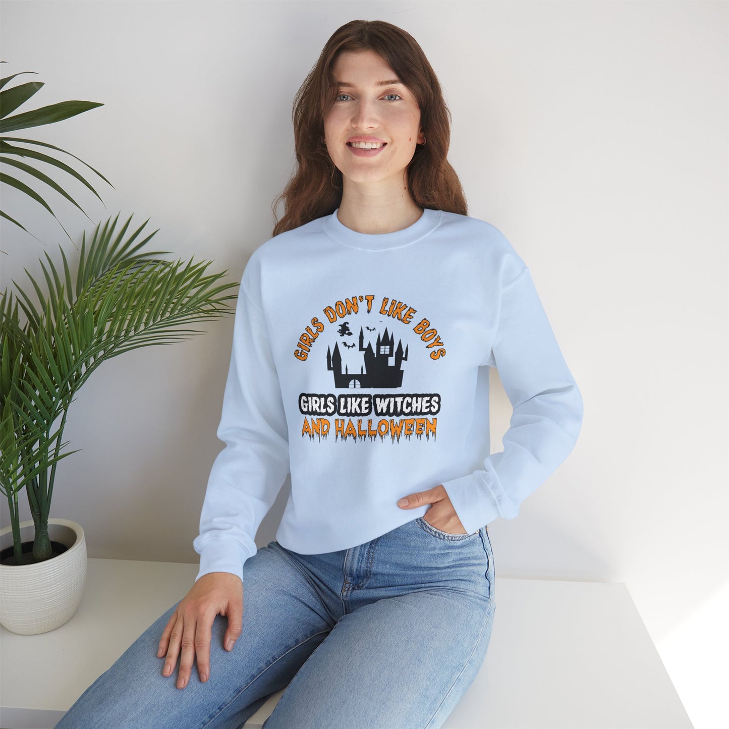 Girls Don't Like Boys. Girls Like Witches and Halloween - Unisex Heavy Blend™ Crewneck Sweatshirt - 12316