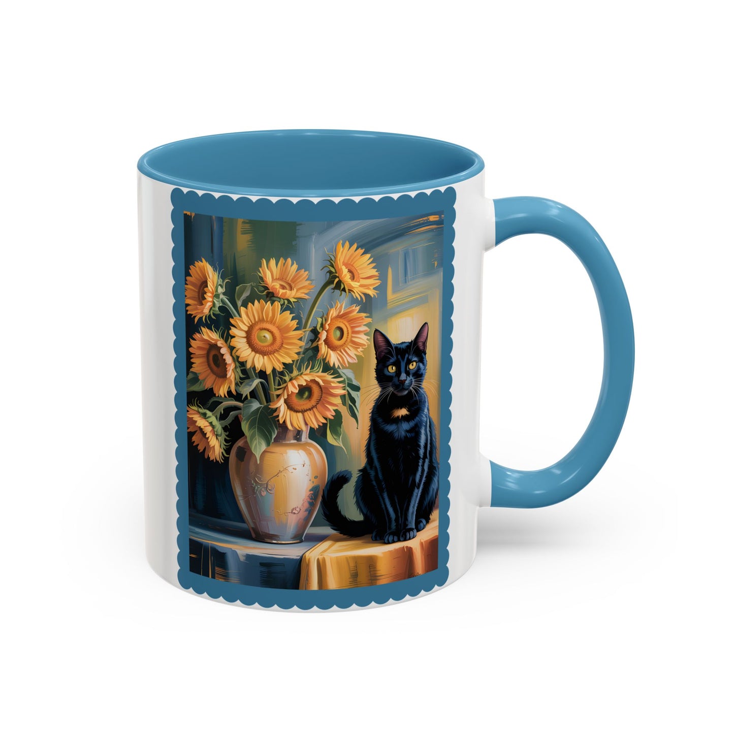 Van Gogh Style Black Cat & Sunflowers Accent Mug – Art Lover Coffee Cup (11oz / 15oz) - 14765
