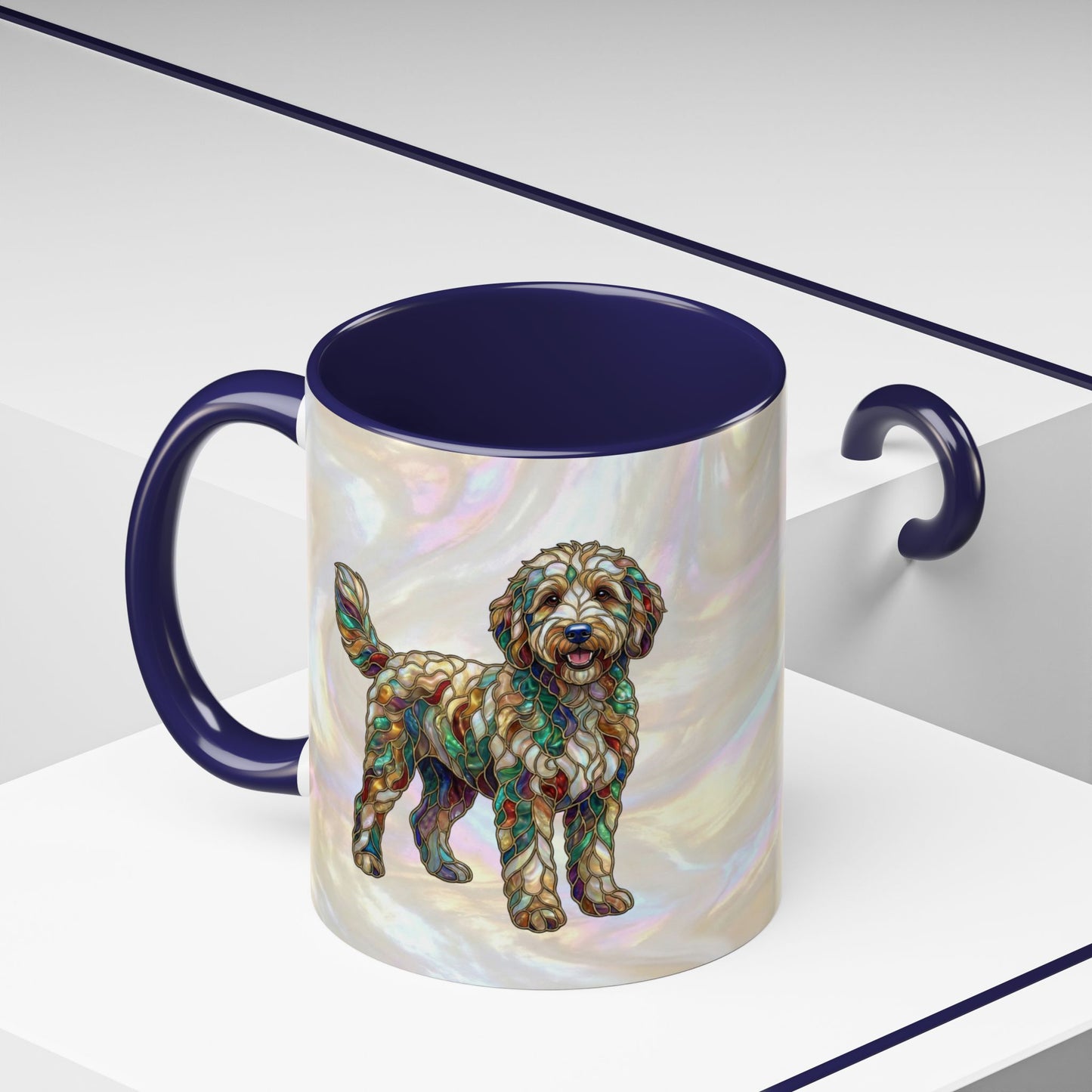 Personalized Dog (Goldendoodle) Coffee Mug - Accent Ceramic Mug with Name and Stained Glass Design - 14530