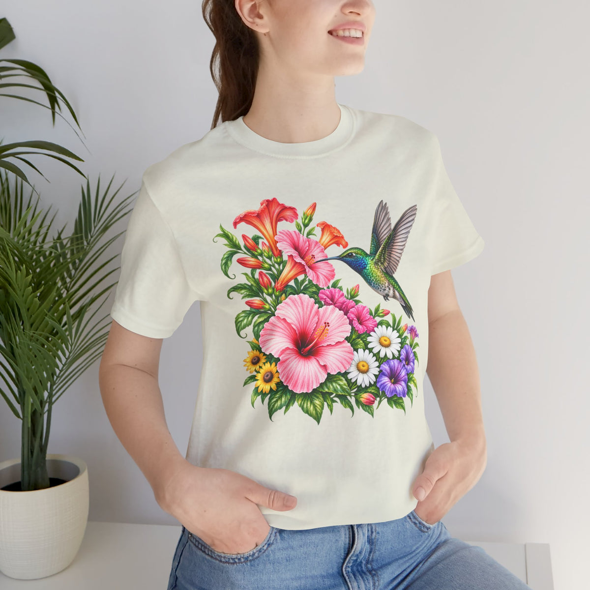 Hummingbird & Hibiscus T-Shirt, Colorful Tropical Floral Garden Tee - 14542
