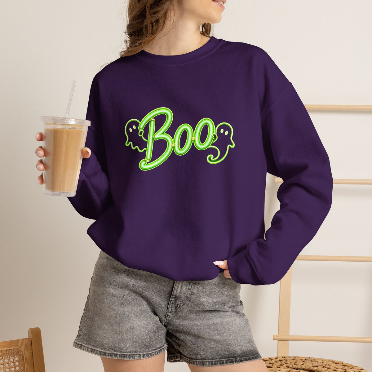 Neon Boo Halloween Sweatshirt, Cute Ghost Crewneck - 14517
