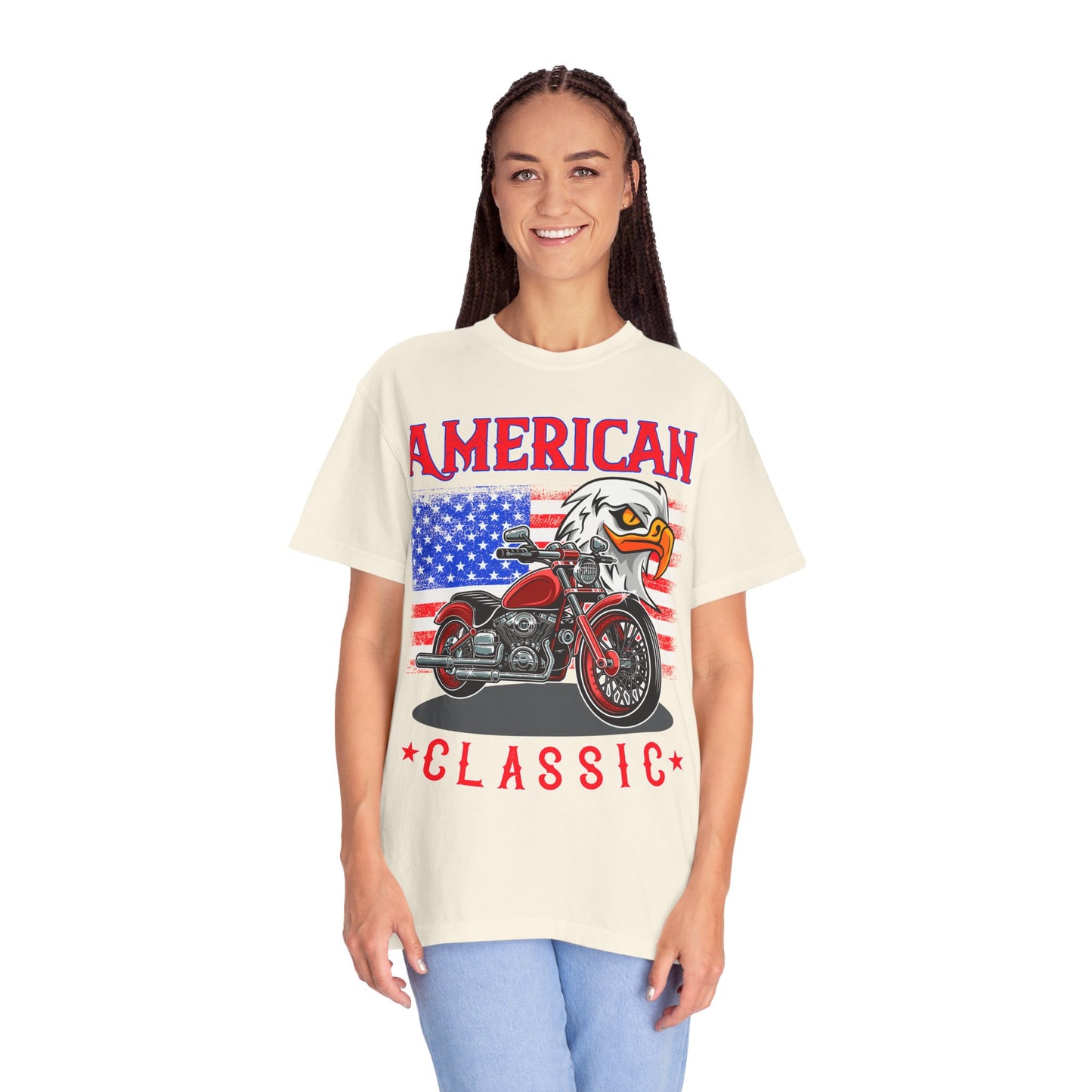 American Classic Tee, Unisex Garment-Dyed T-shirt, Biker Gift, Patriotic Apparel, Rider and Eagle Fashion, Vintage Style - 13658