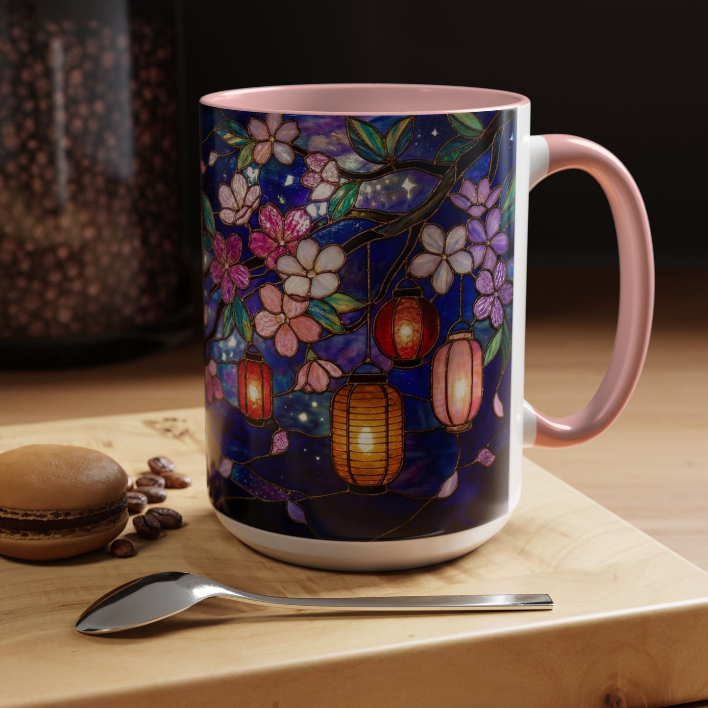 Cherry Blossom Lantern Coffee Mug — Floral Night Sky, Stained Glass Design (11/15 oz) - 14533