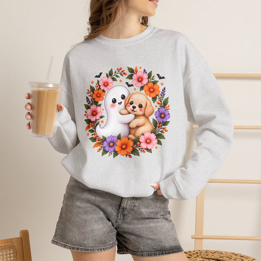 Cute Ghost & Puppy Halloween Sweatshirt,  Floral Crewneck - 14515