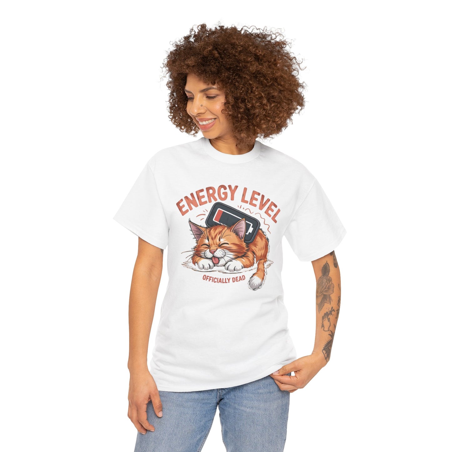 Energy Level: Officially Dead T-Shirt — Funny Cat Graphic Tee, Cat Lover Gift - 14867
