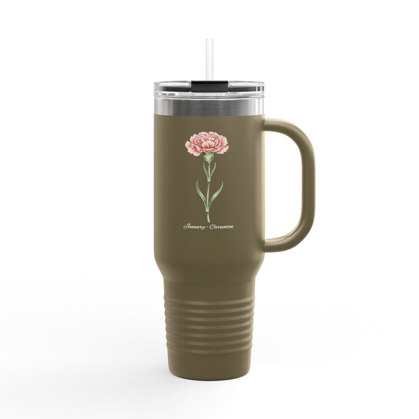 Carnation Floral Tumbler – January Birth Flower Gift | 40oz Insulated Travel Mug, Customizable — 14667