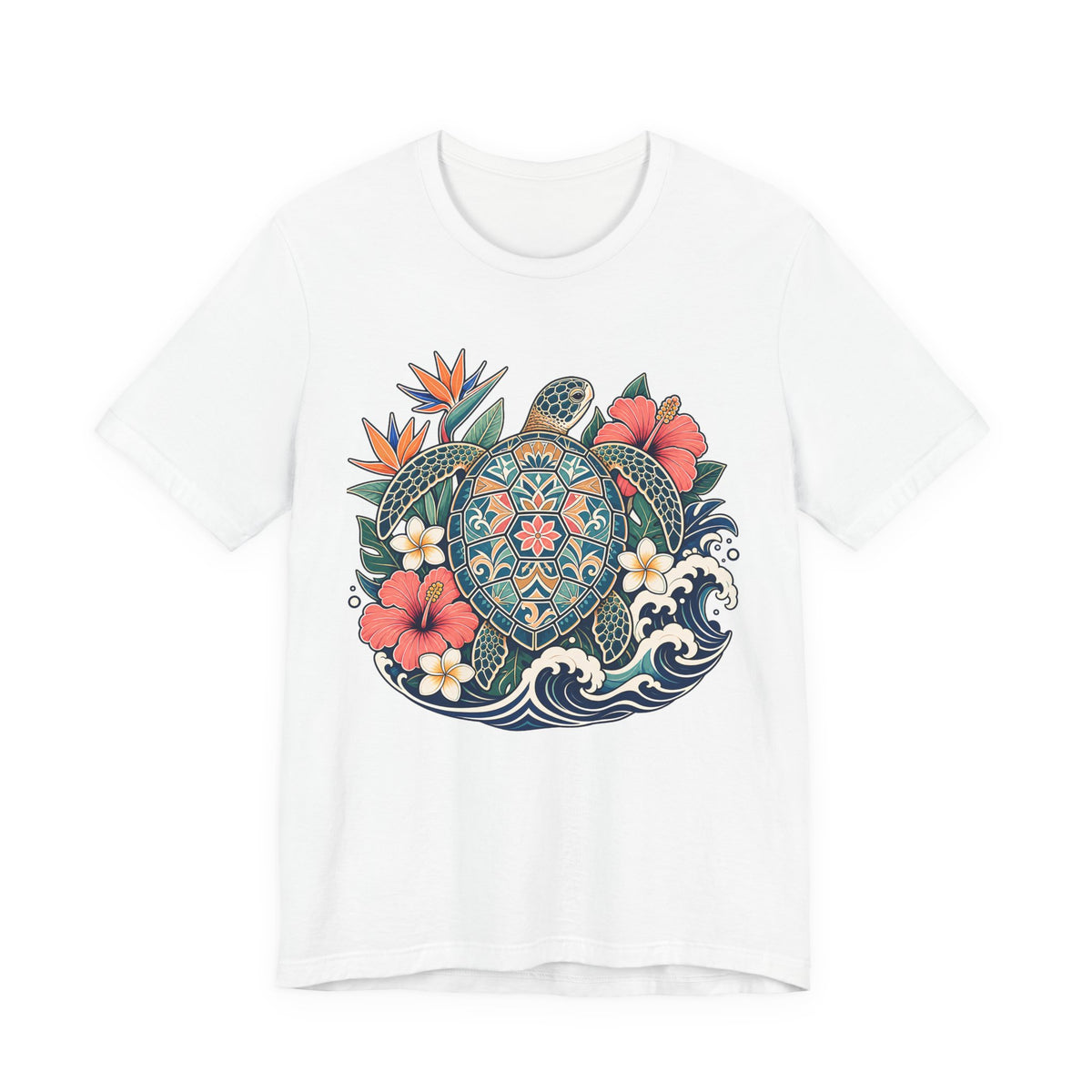 Sea Turtle Floral T-Shirt, Hawaiian Turtle Graphic Tee - 14973