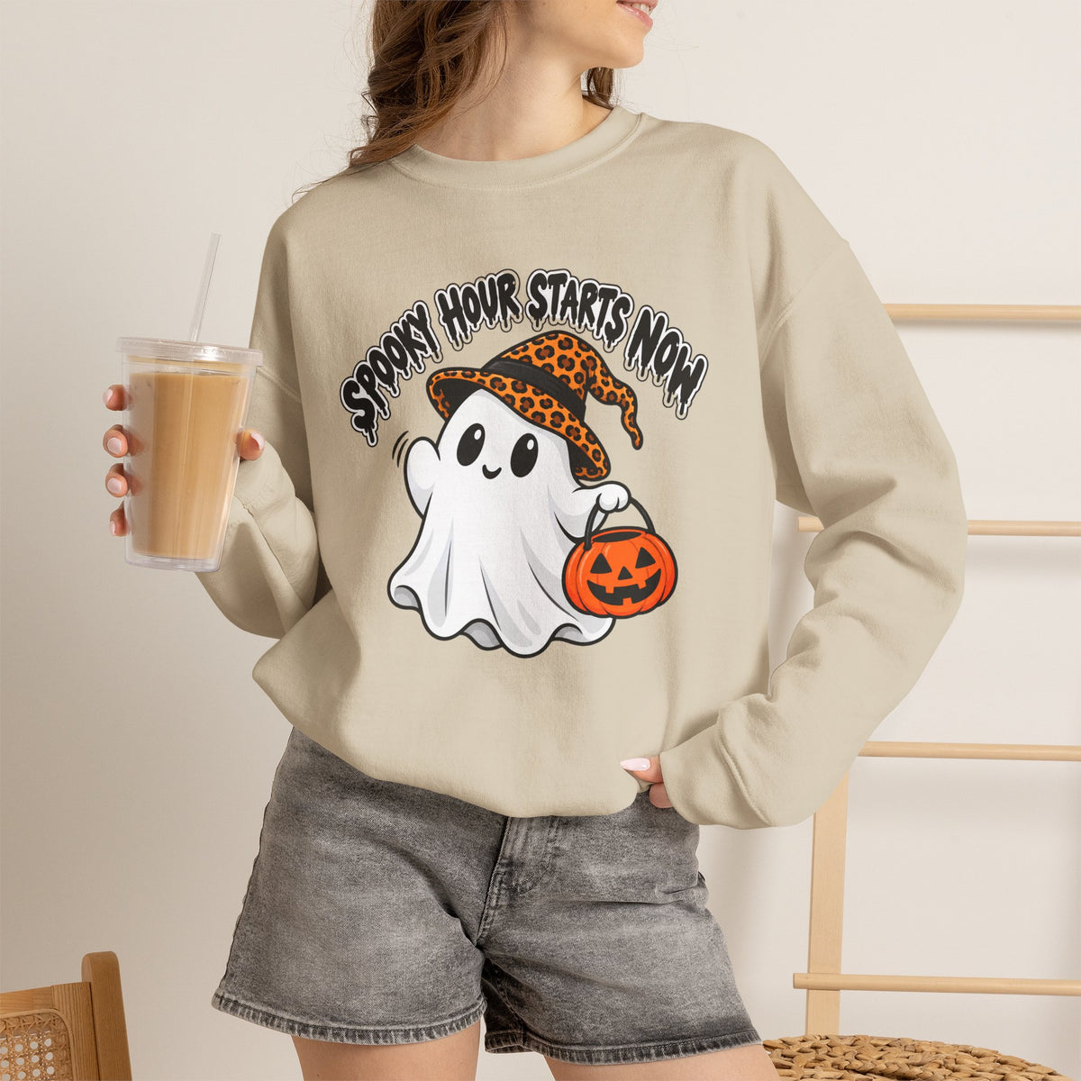 Spooky Hour Starts Now Sweatshirt, Cute Halloween Ghost Crewneck - 14536