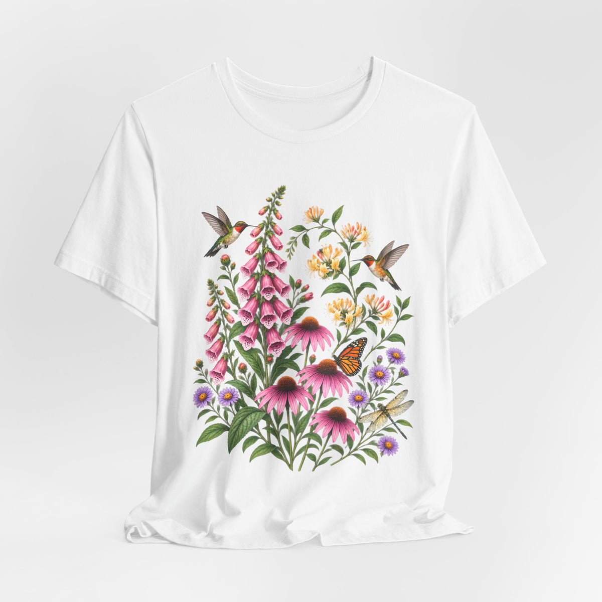 Floral Hummingbird Garden T-Shirt, Wildflower & Butterfly Botanical Tee - 14547
