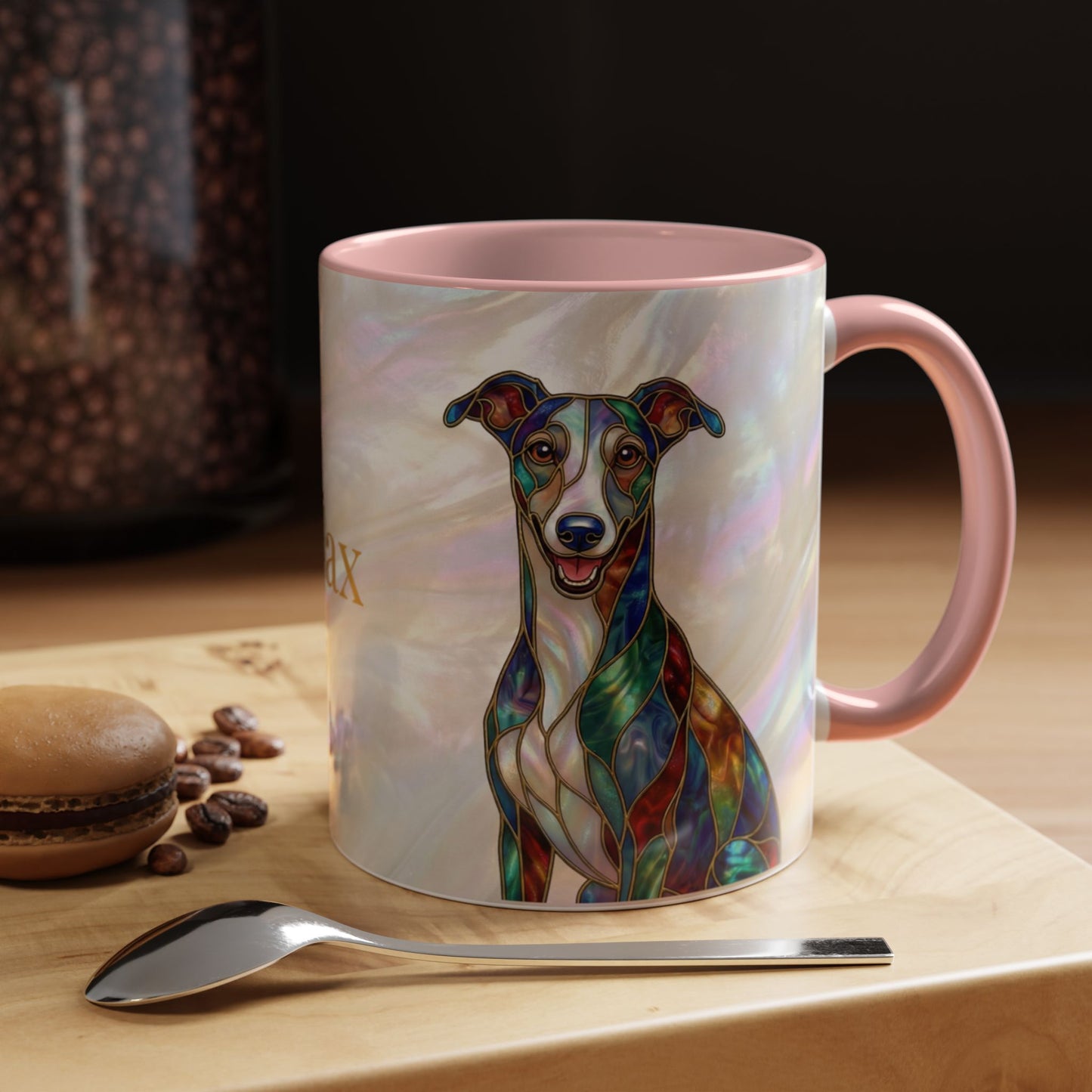 Personalized Greyhound Coffee Mug – Stained Glass Dog Accent Mug (Name Customizable)  - 14523