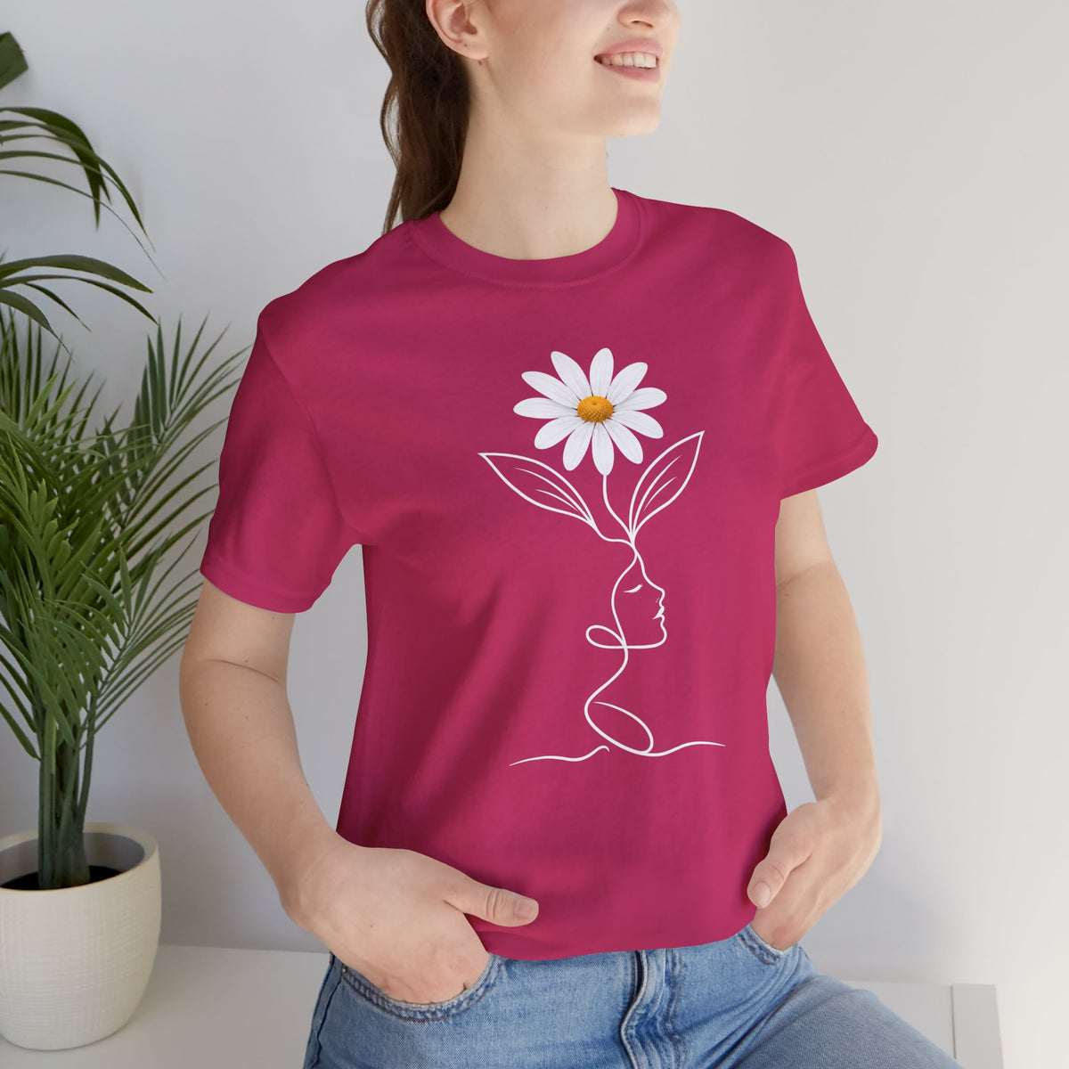 Daisy Woman Face T-Shirt, Minimalist Floral Line Art Tee - 14522