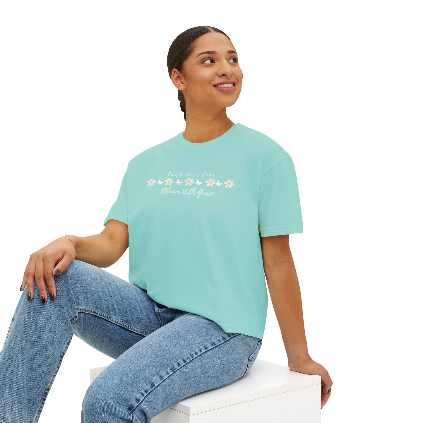 Faith Over Fear Floral Boxy Tee, “Bloom With Grace” Christian Crop Shirt - 14950