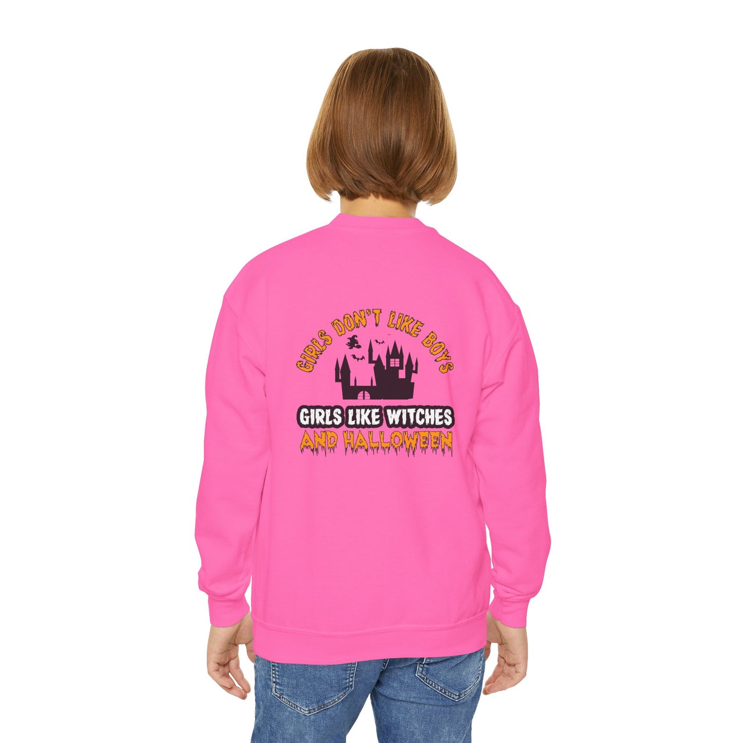 Girls Don't Like Boys. Girls Like Witches and Halloween - Youth Crewneck Sweatshirt