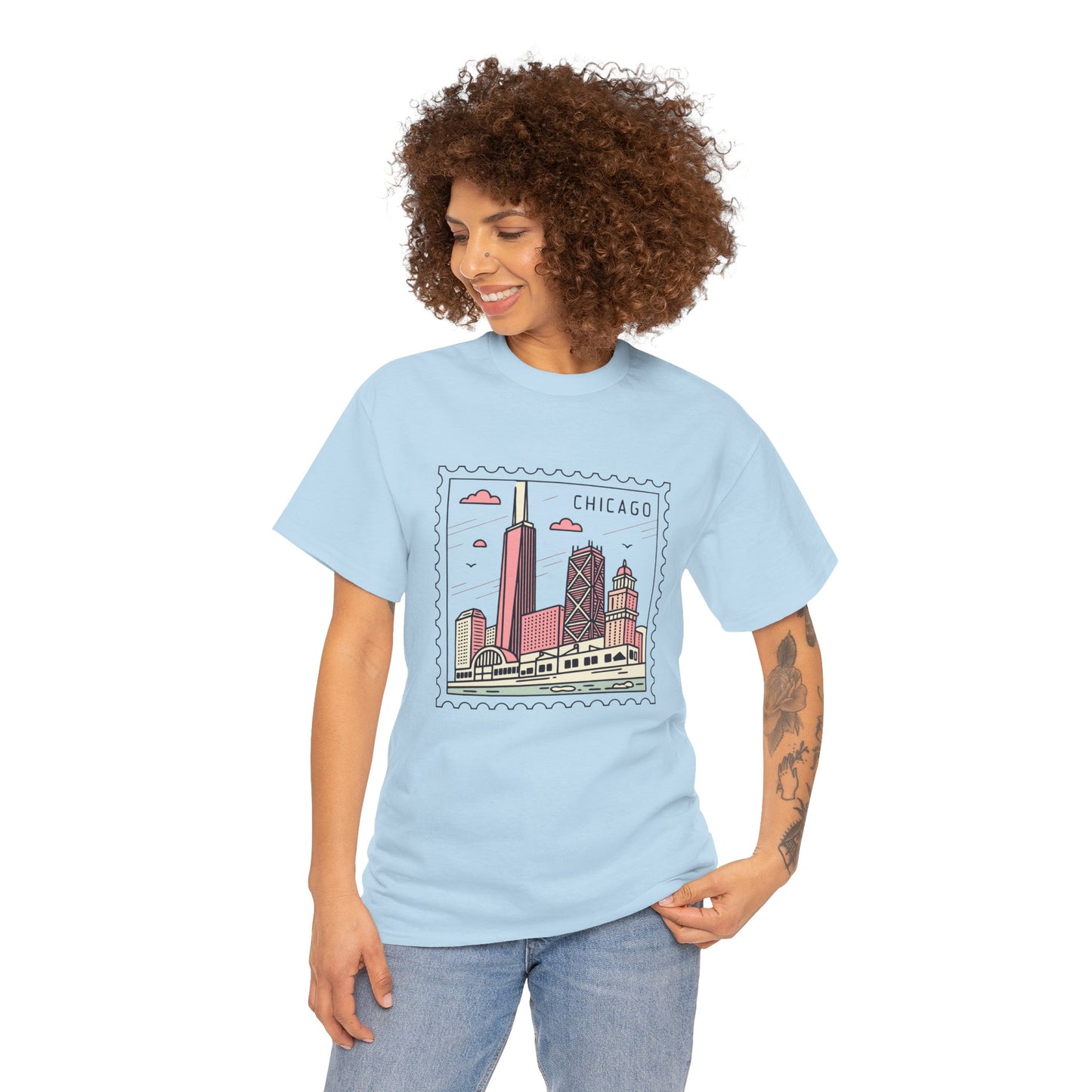 Chicago Skyline Postage Stamp Unisex Heavy Cotton Tee - 12130