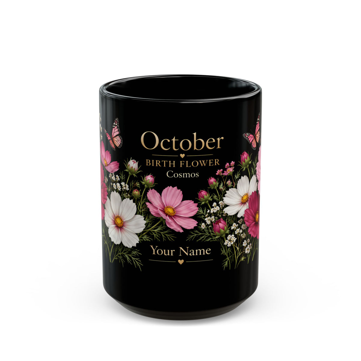 October Birth Flower Mug, Personalized Cosmos Black Coffee Cup - 14980