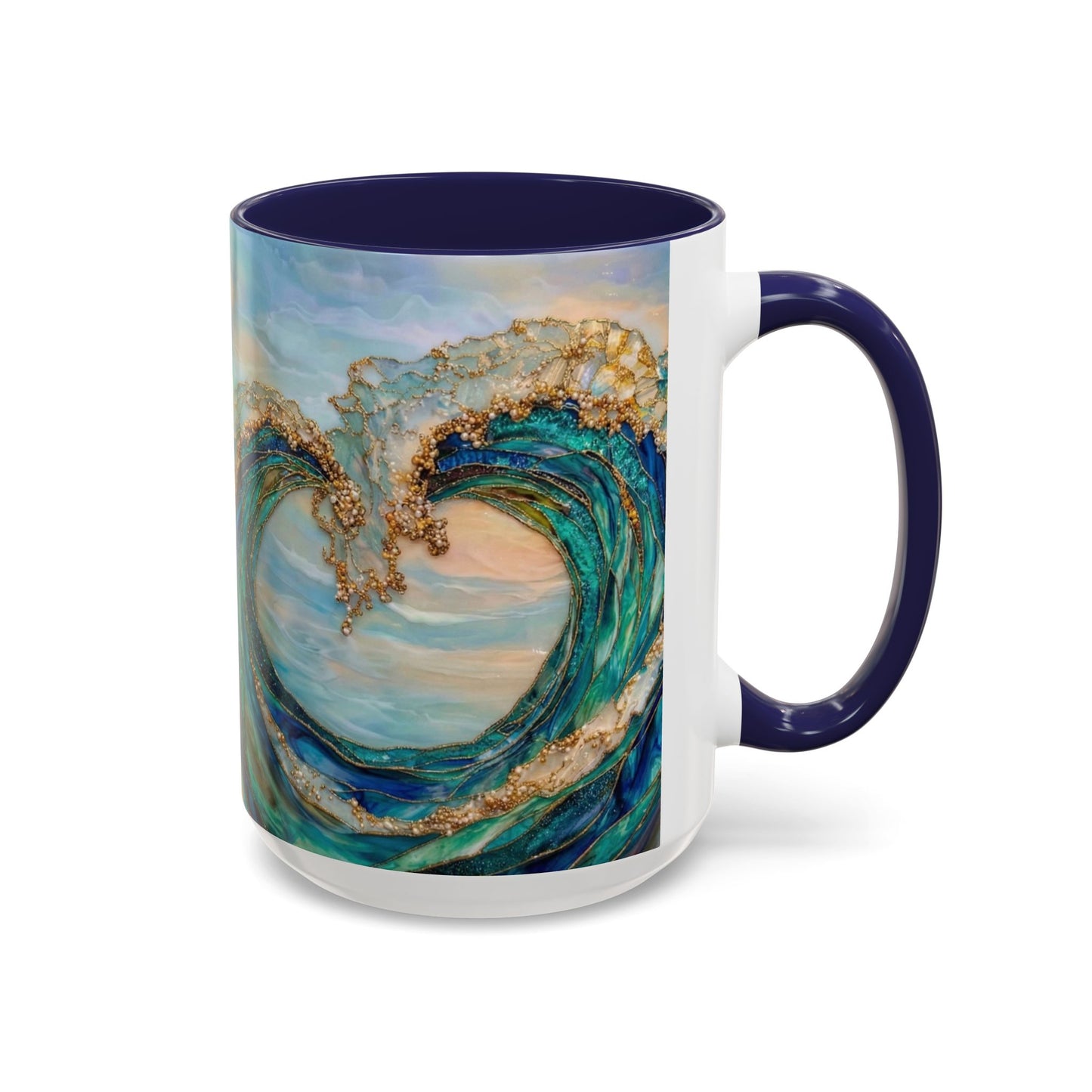 Ocean Heart Wave Coffee Mug — Teal Blue Accent Beachy Ceramic Mug (11/15oz) - 14521