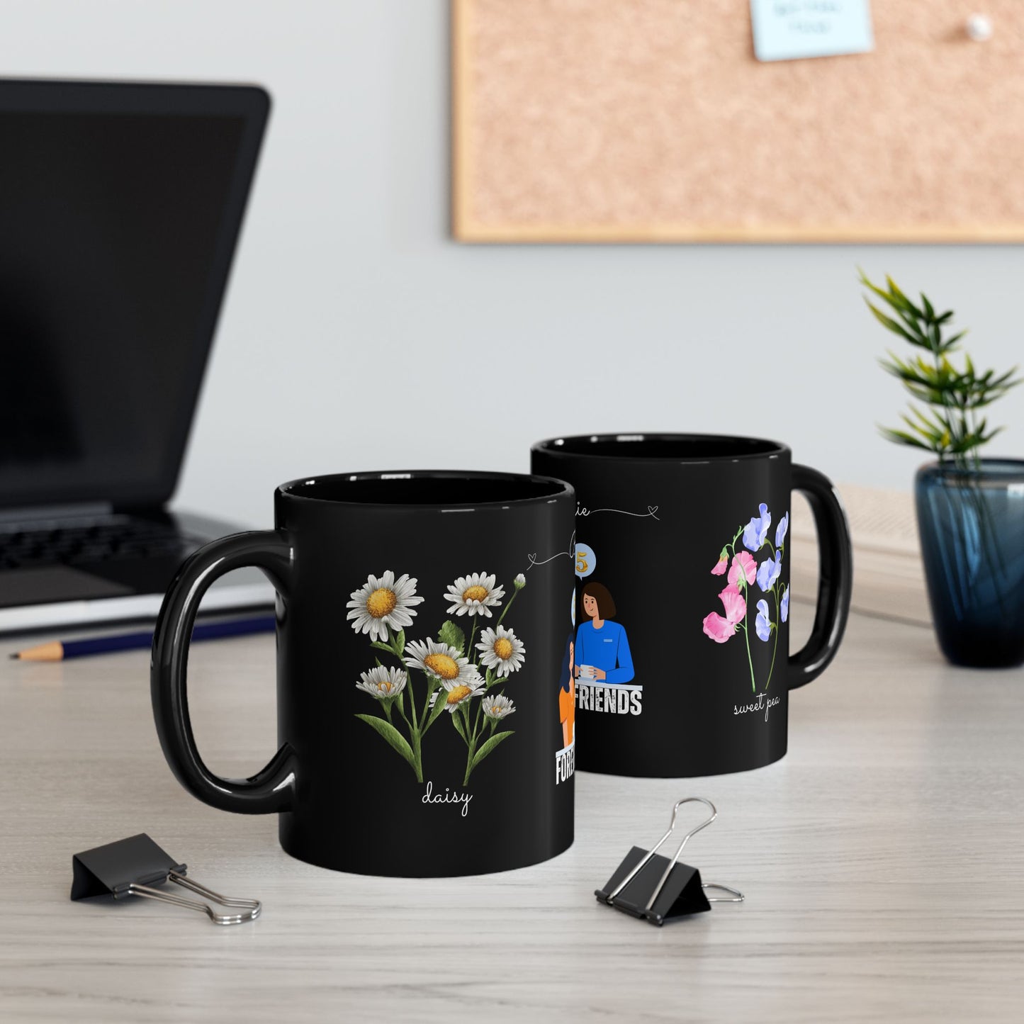 Happy Birthday, April, Featuring Daisy and Sweet Pea - Customizable - Ceramic Black Mug (11oz, 15oz) - 10480