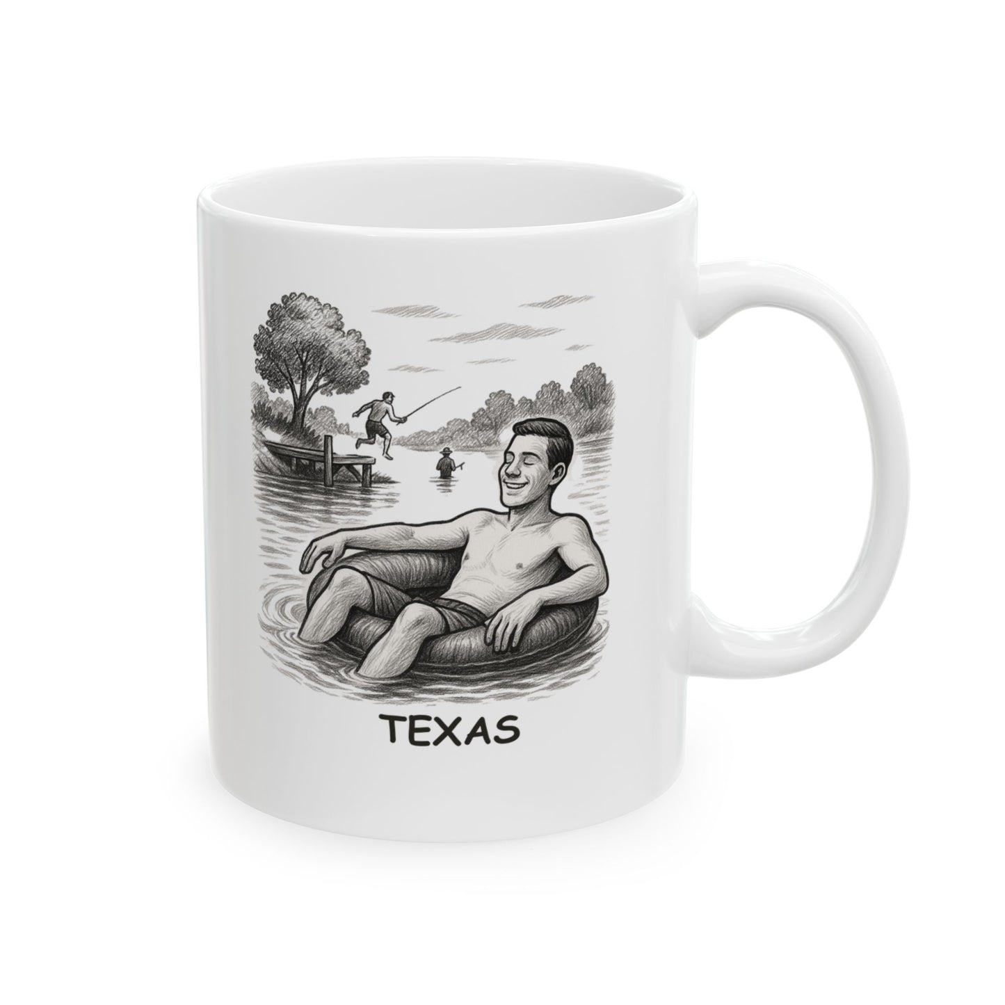 "In Texas, we don’t need a beach—we have lakes, rivers, and plenty of water to cool off in." Ceramic Mug - 11oz & 15oz - 12762