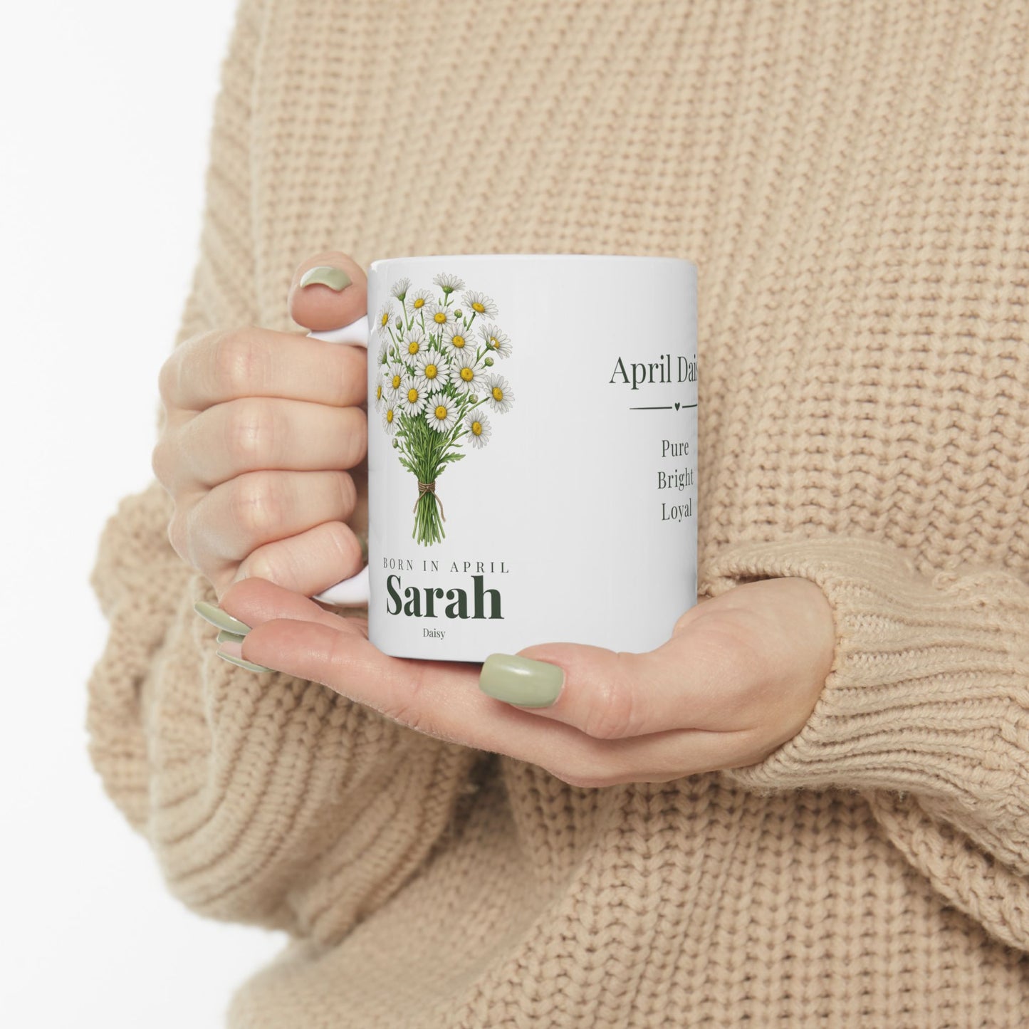 Personalized April Daisy Birth Flower Mug – Custom Name Floral Coffee Cup, "Pure Bright Loyal" Birthday Gift (11oz, 15oz)  - 14832