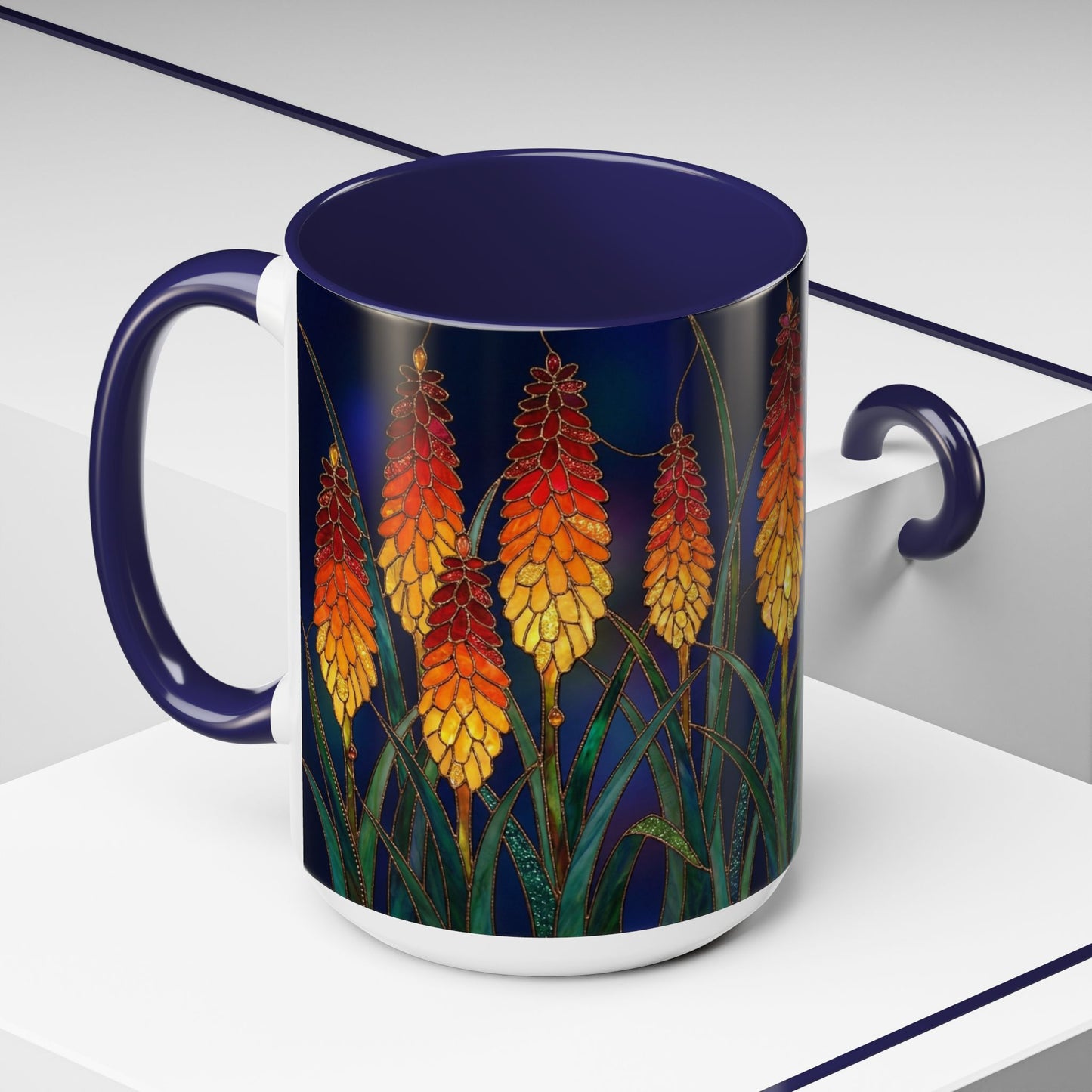 Red Hot Poker Floral Coffee Mug — Stained Glass Design (11/15oz) - 14585