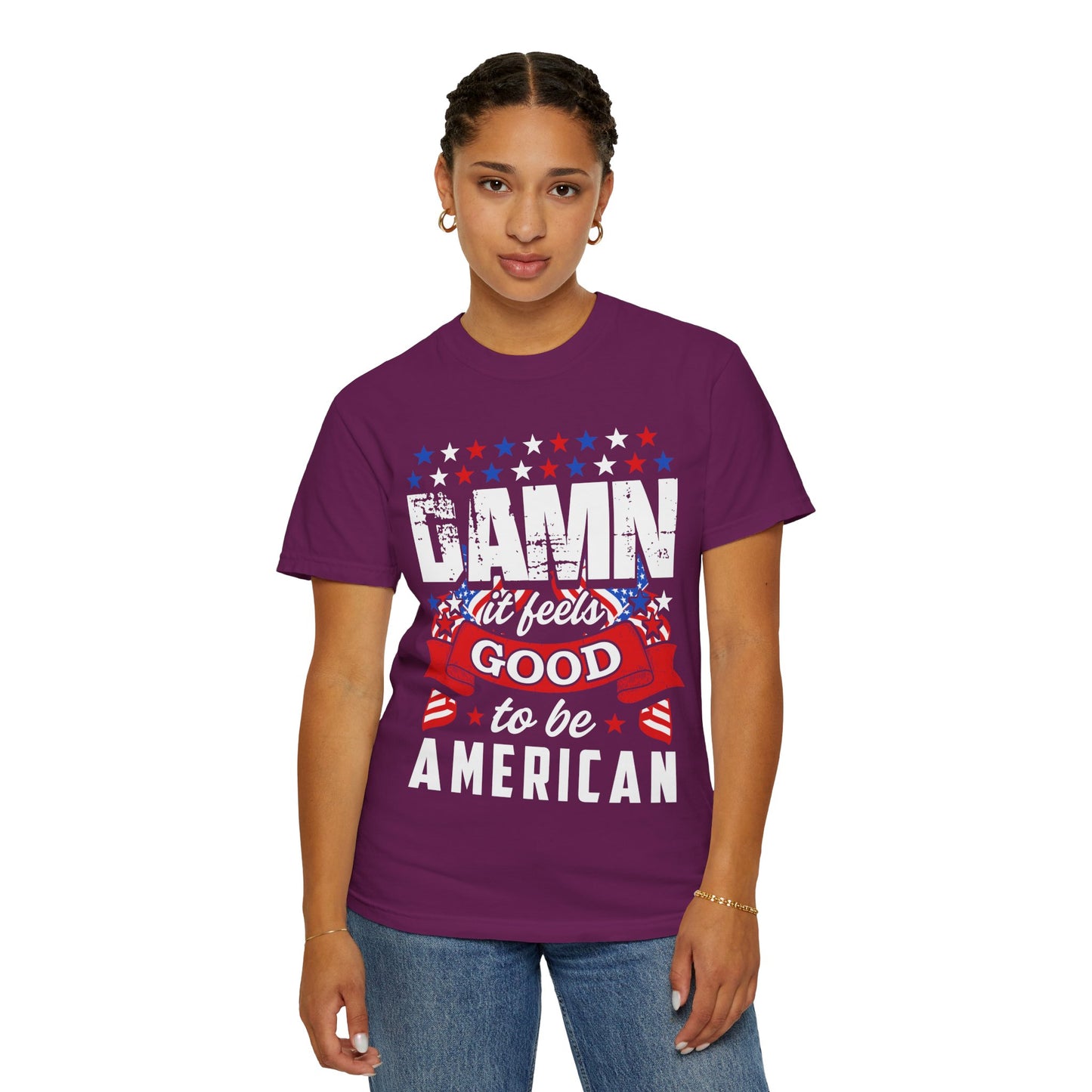 Patriotic T-Shirt with 'Damn it feels Good to be American' Design, Great for 4th of July, BBQs, and Casual Outings, Unisex Top - 13600