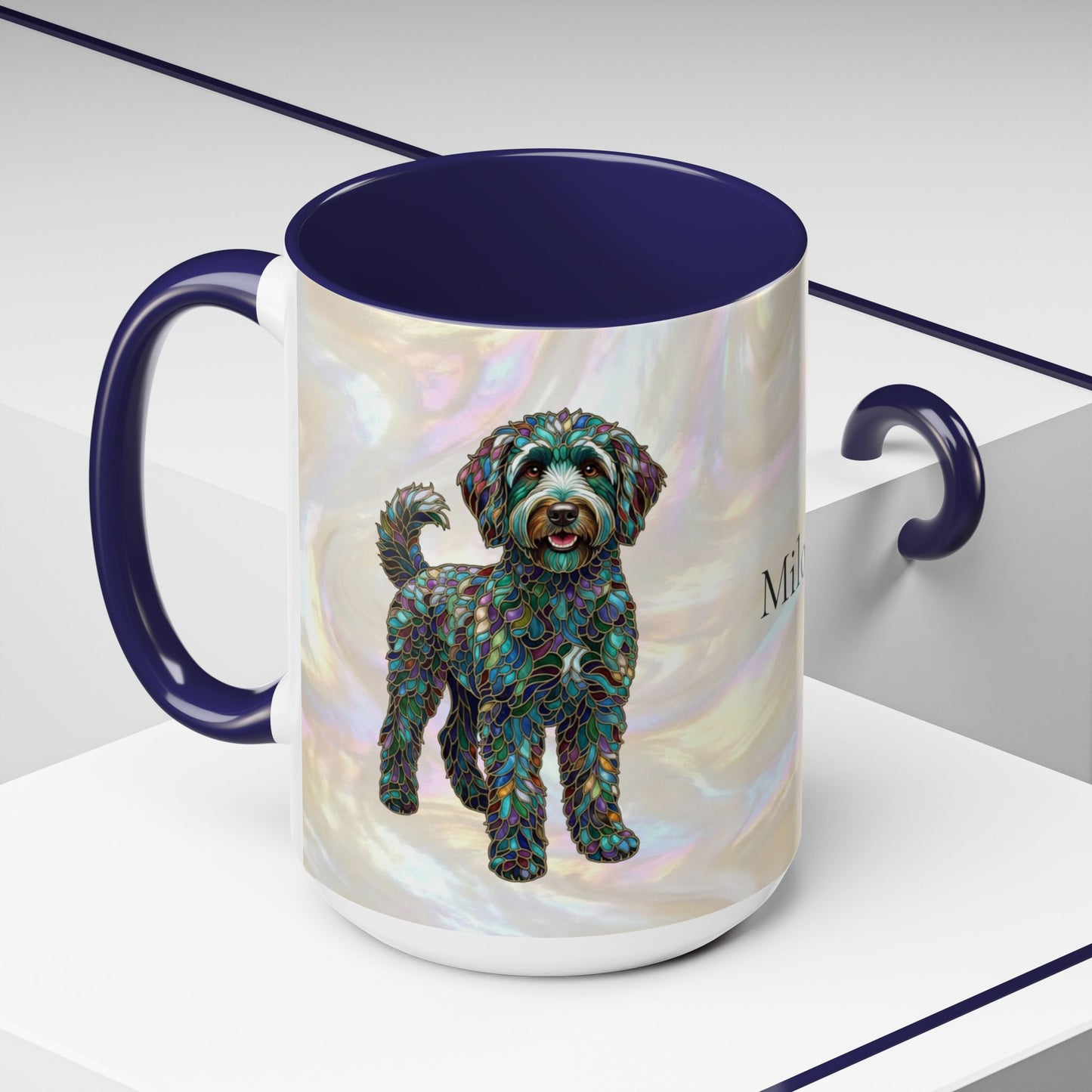 Personalized Labradoodle Dog Mug — Custom Name Accent Coffee Mug (11/15 oz) with Stained Glass Art - 14526