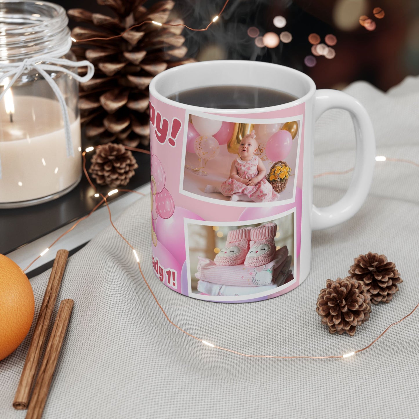 Cute Birthday Memory Ceramic Mug | Hooray! We're already 1 | Photo Collage Mug | Perfect Gift, Baby's 1st Birthday, Milestone Celebration - 13999