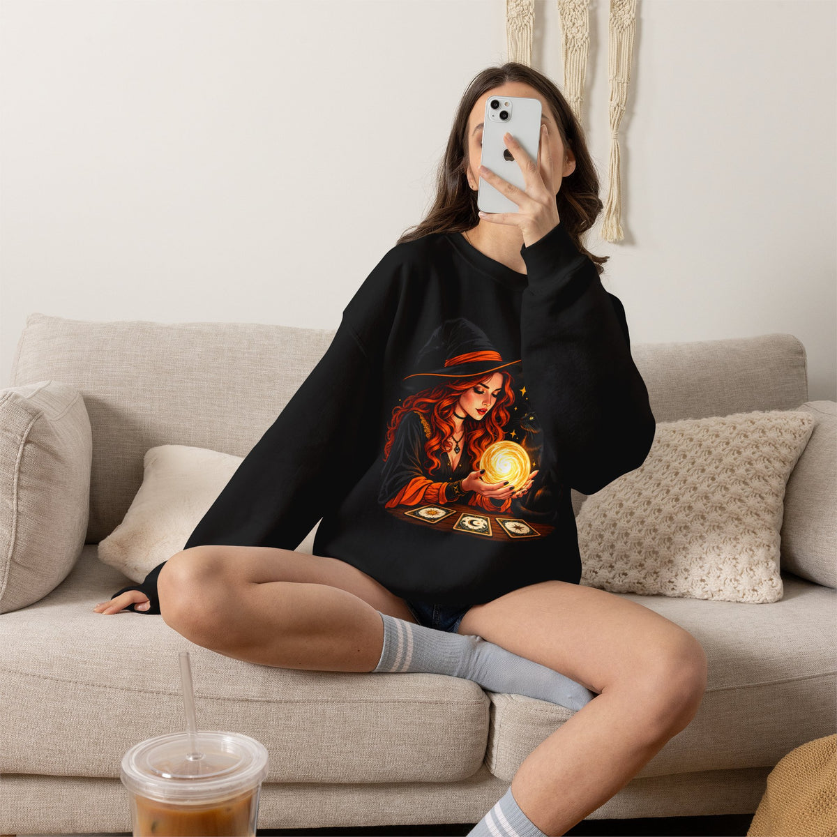 Witch Tarot Crewneck Sweatshirt, Mystic Fortune Teller & Black Cat Design - 14504