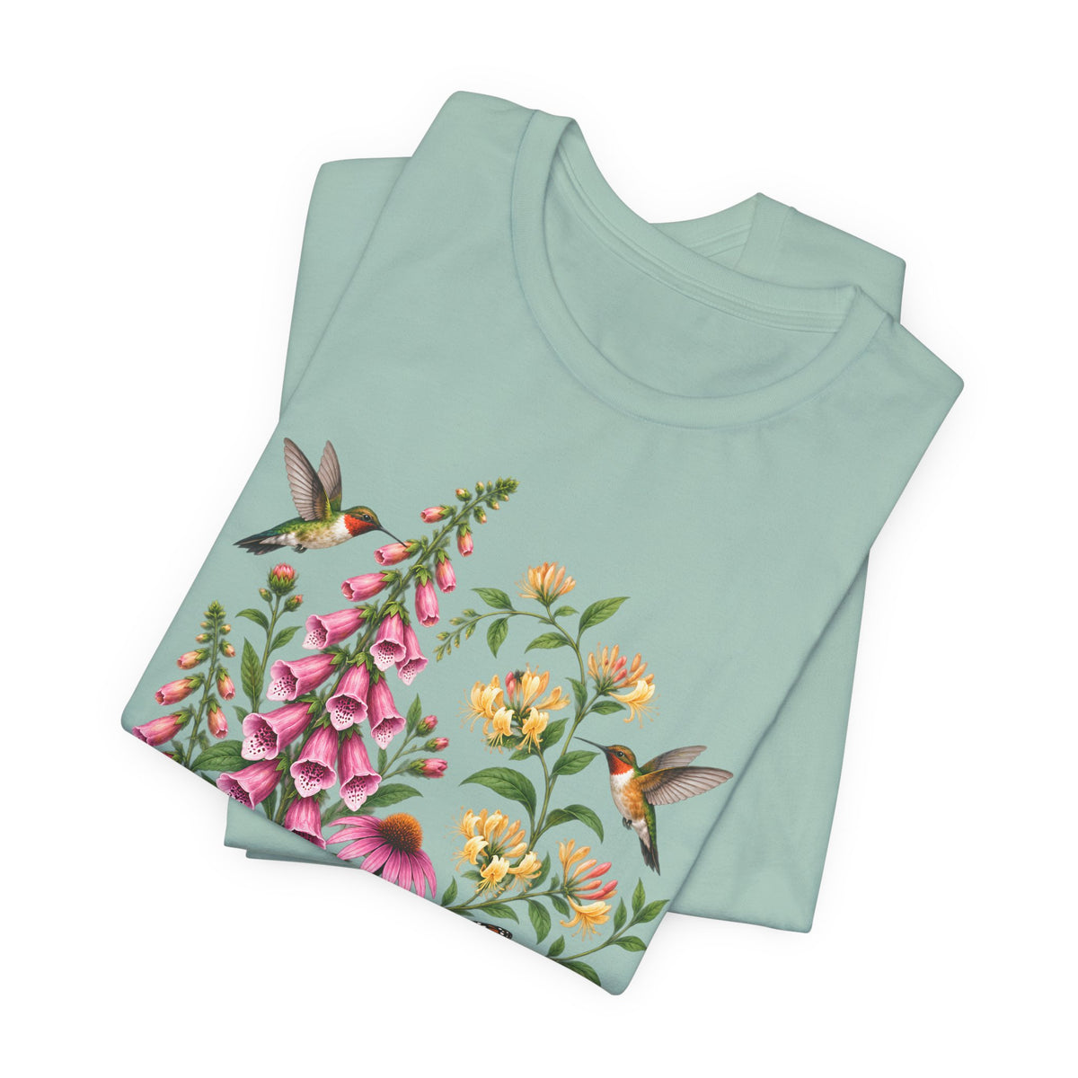 Floral Hummingbird Garden T-Shirt, Wildflower & Butterfly Botanical Tee - 14547