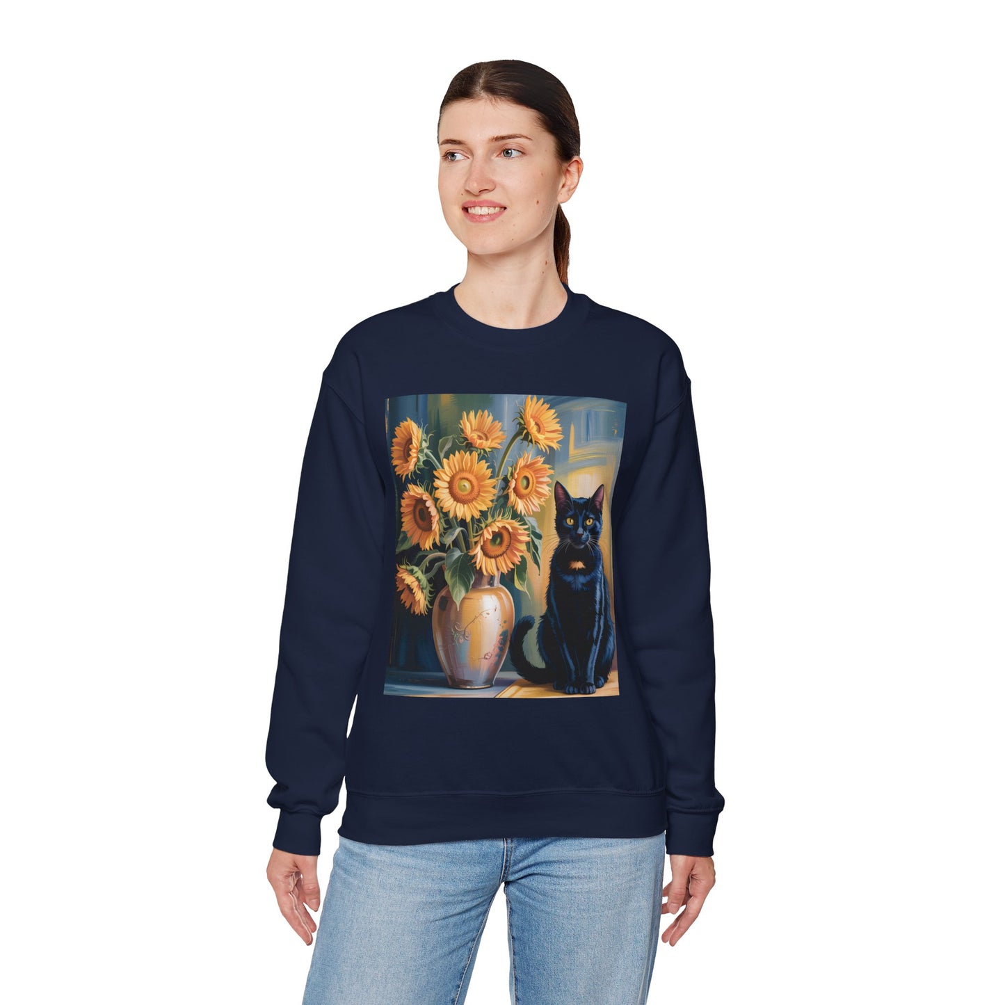 Van Gogh Style Black Cat & Sunflowers Sweatshirt – Art Lover Cozy Crewneck - 14766