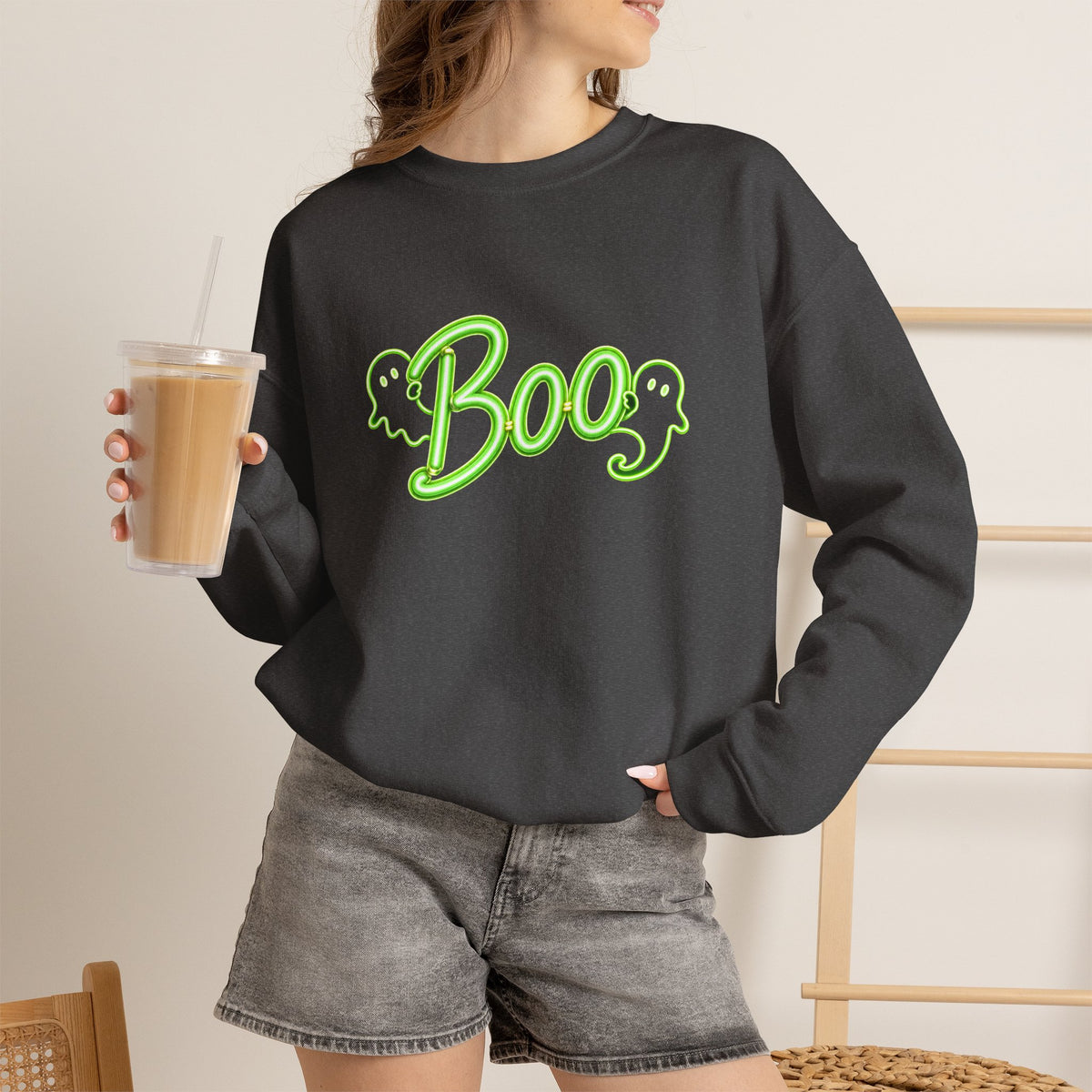 Neon Boo Halloween Sweatshirt, Cute Ghost Crewneck - 14517