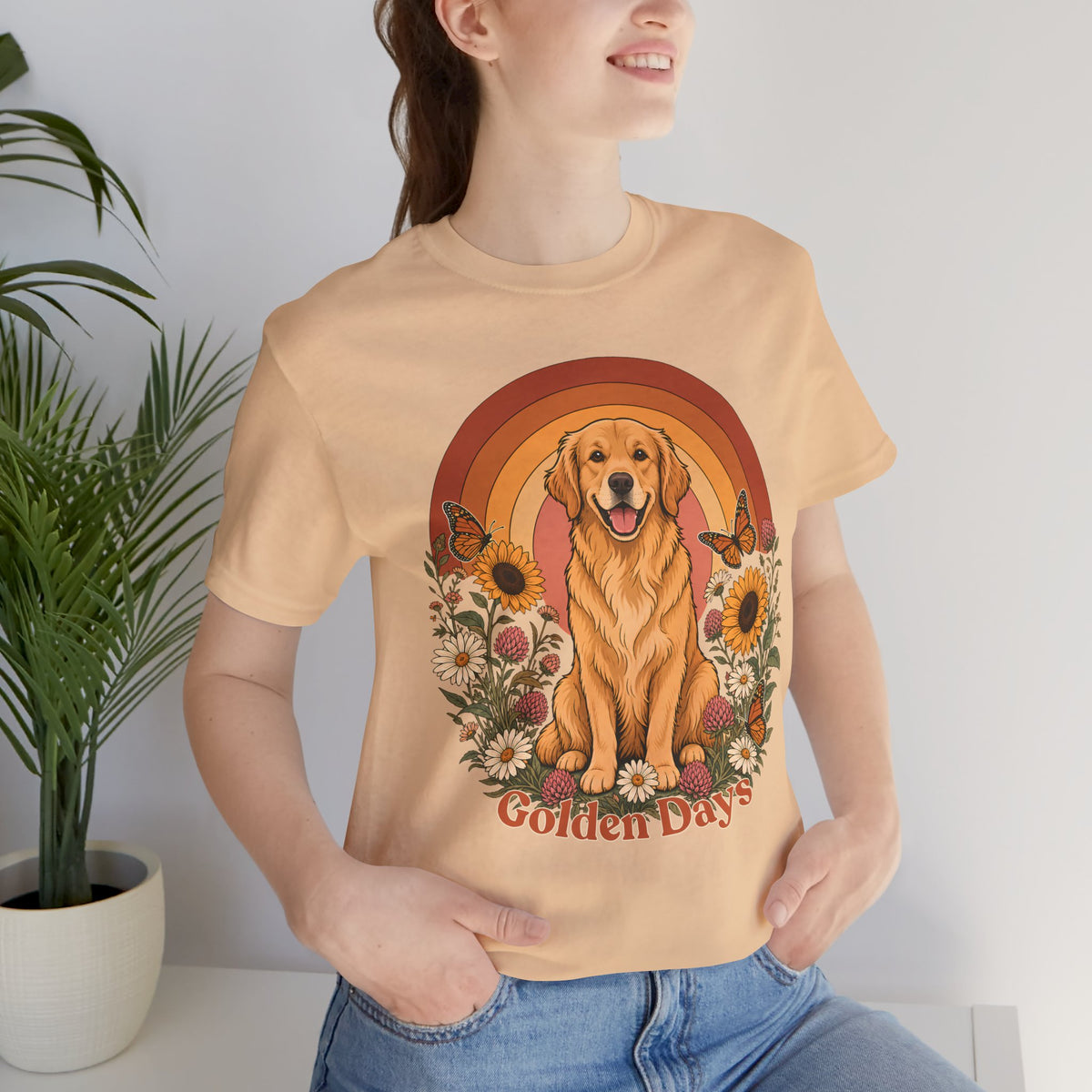 Golden Days Golden Retriever T-Shirt,  Retro Sunset Floral Dog Tee - 14969