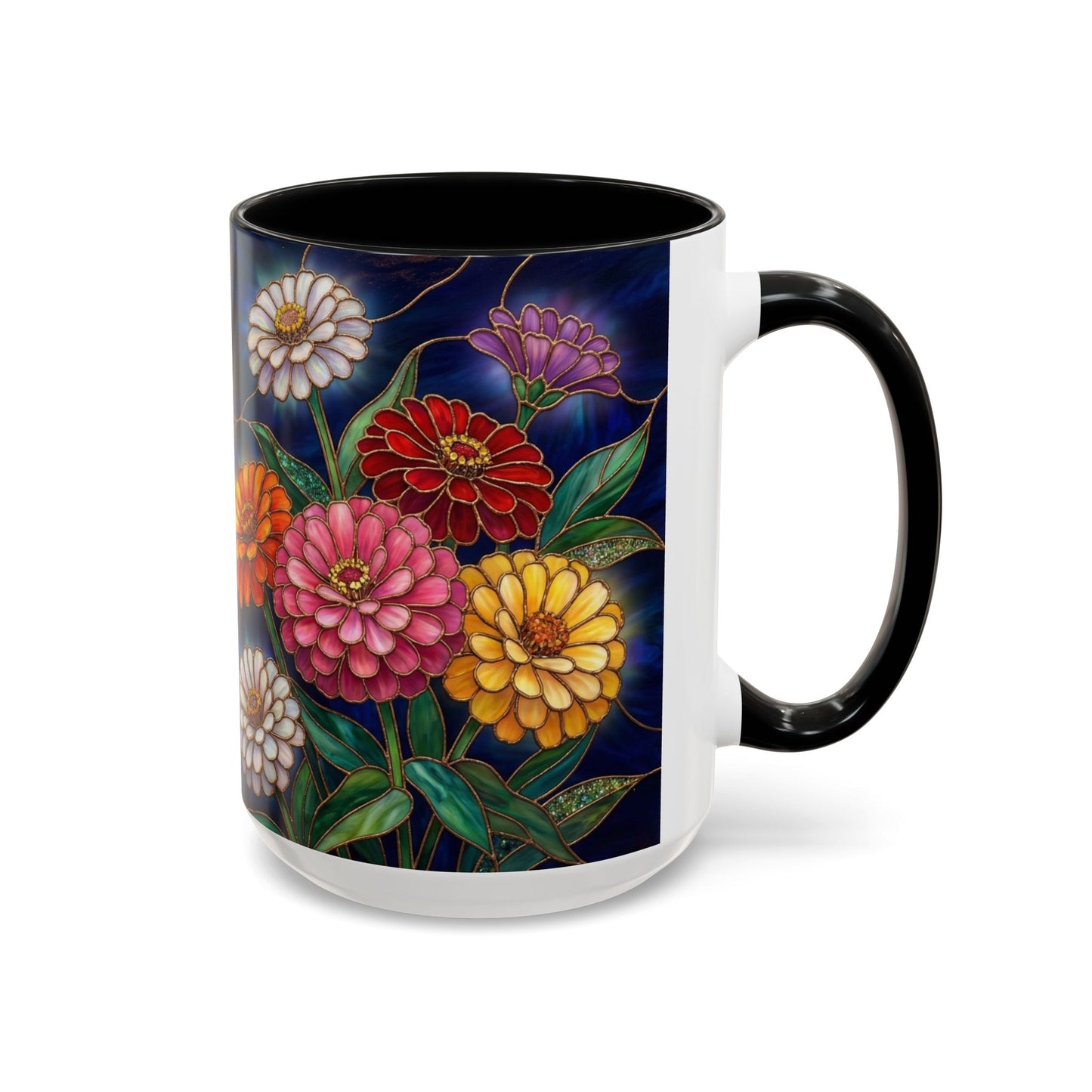 Zinnias Floral Accent Coffee Mug — Stained Glass Design 11/15oz - 14591