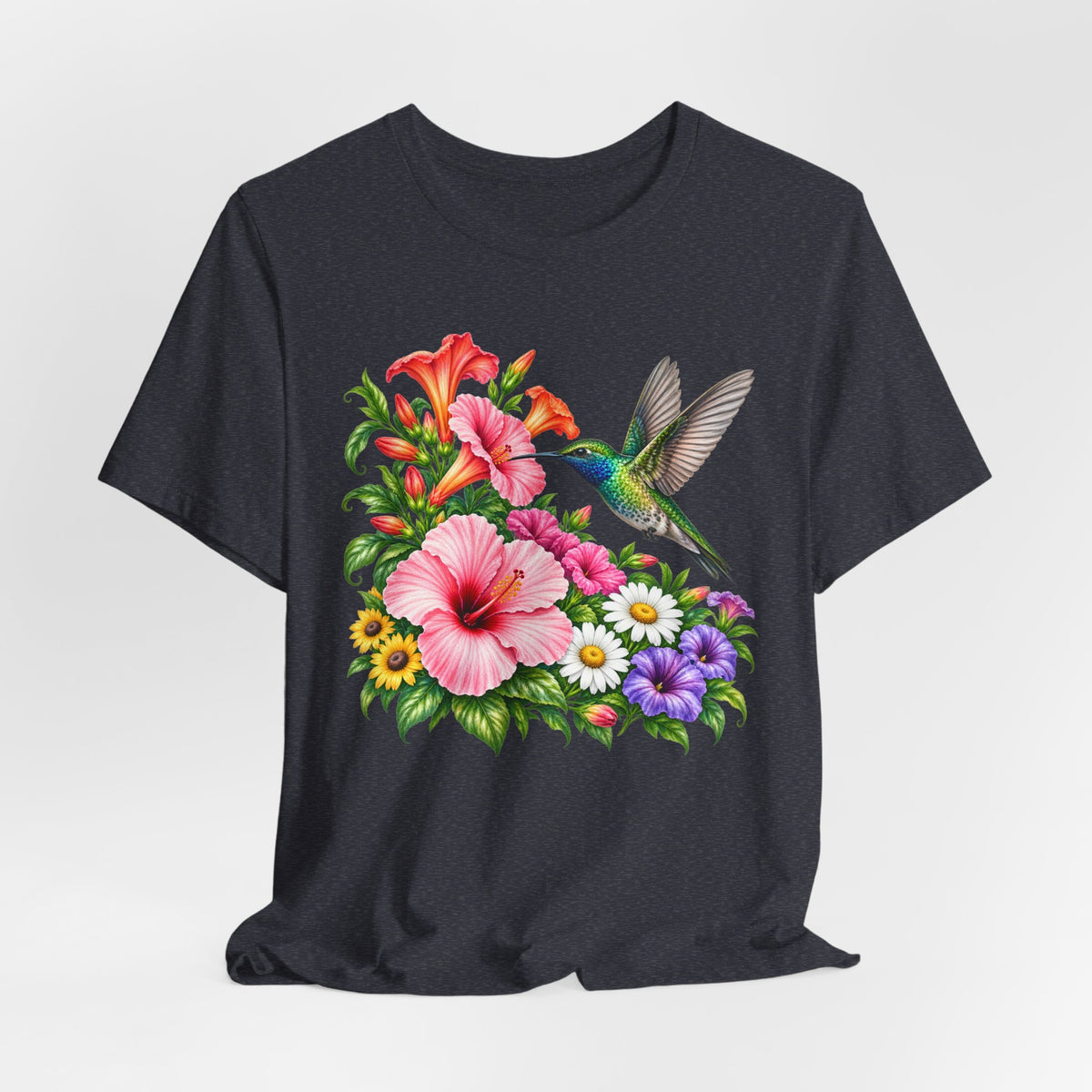 Hummingbird & Hibiscus T-Shirt, Colorful Tropical Floral Garden Tee - 14542