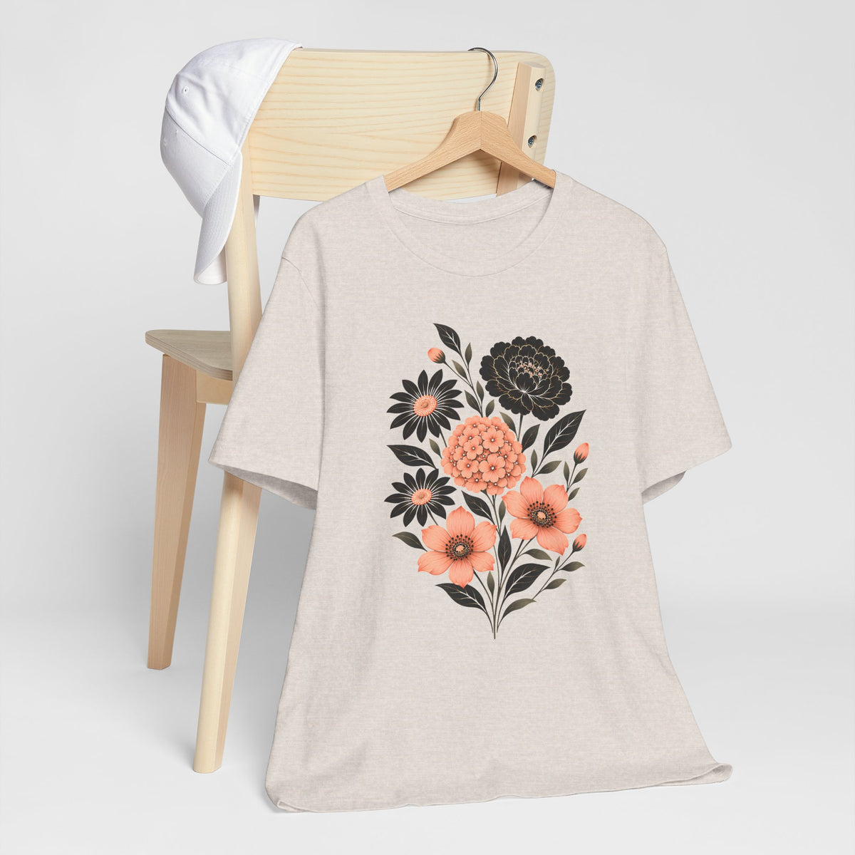 Floral Bouquet T-Shirt, Peach & Black Garden Flower Tee - 14502