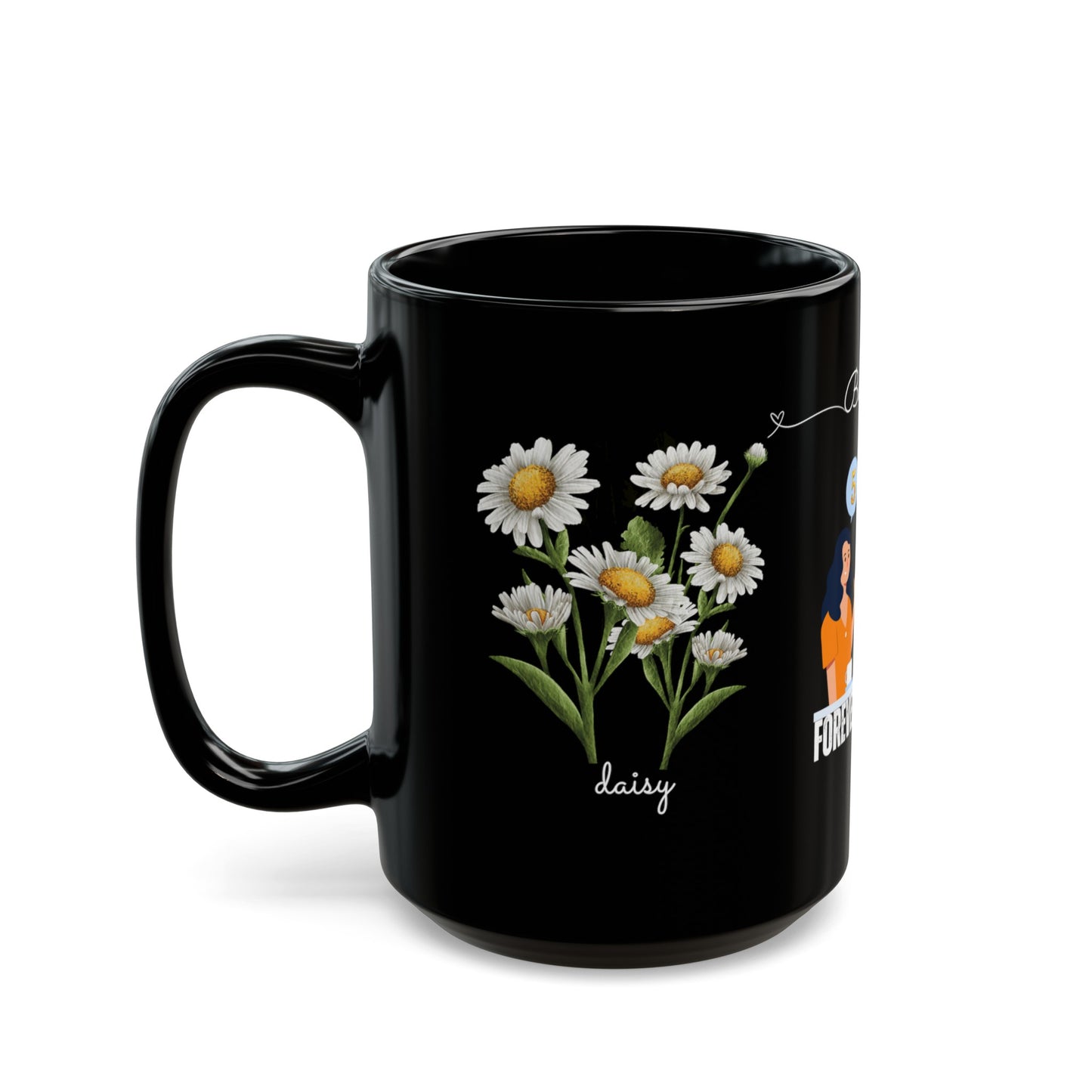 Happy Birthday April Mug - Featuring Daisy and Sweet Pea, Customized Ceramic Black Mug (11oz, 15oz)