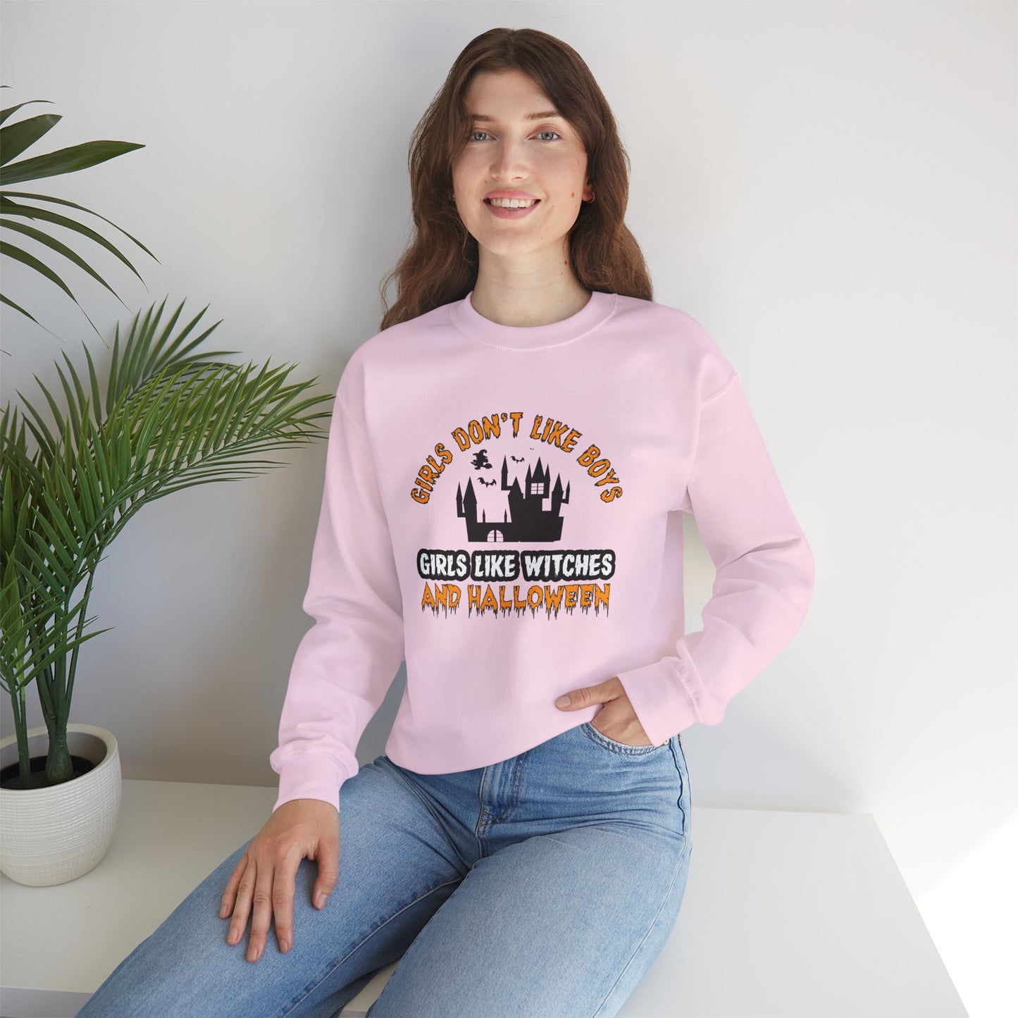 Girls Don't Like Boys. Girls Like Witches and Halloween - Unisex Heavy Blend™ Crewneck Sweatshirt - 12316