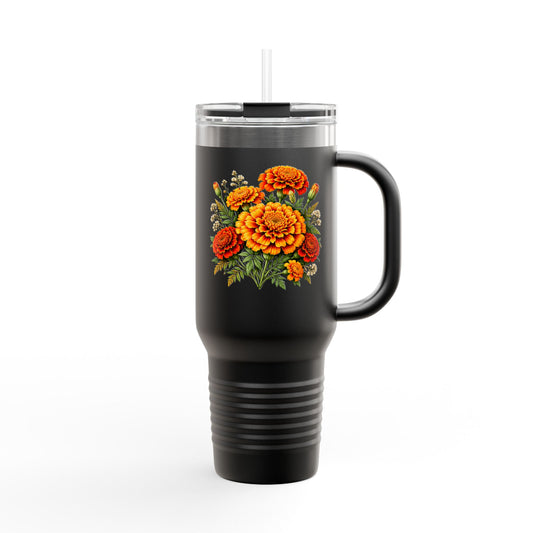 Personalized 40oz Marigold Travel Mug, October Birth Flower Tumbler - 14986
