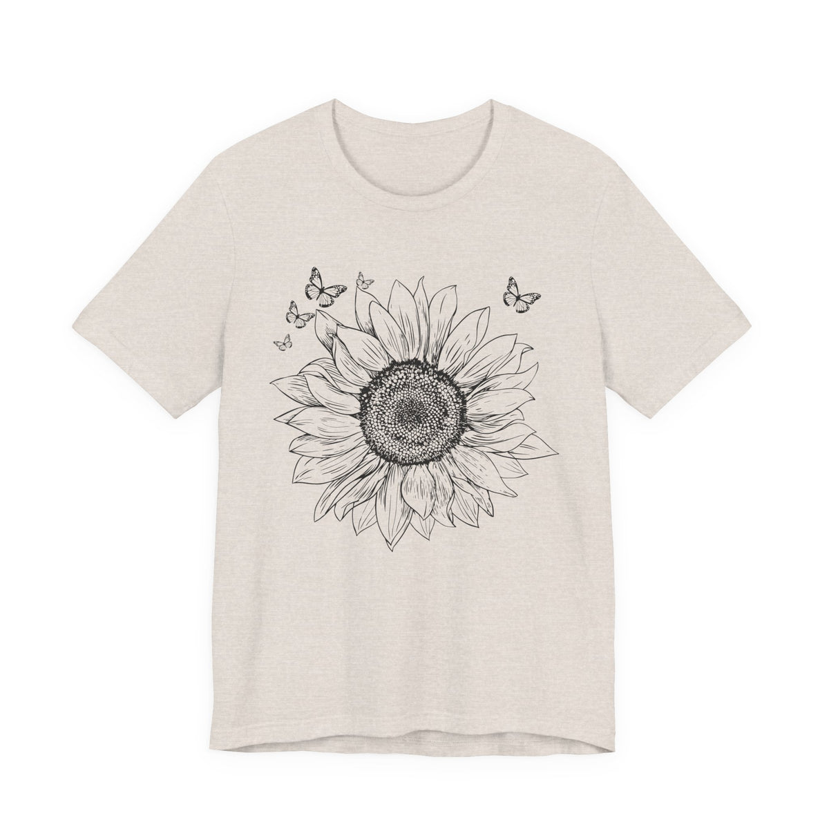 Sunflower Sketch T-Shirt, Vintage Botanical Sunflower & Butterfly Graphic Tee - 14982