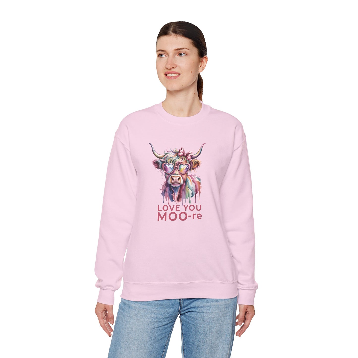 Love You Moo-re Highland Cow Sweatshirt – Cute Valentine’s Day Crewneck Pullover, Funny Romantic Gift for Her or Him - 14786