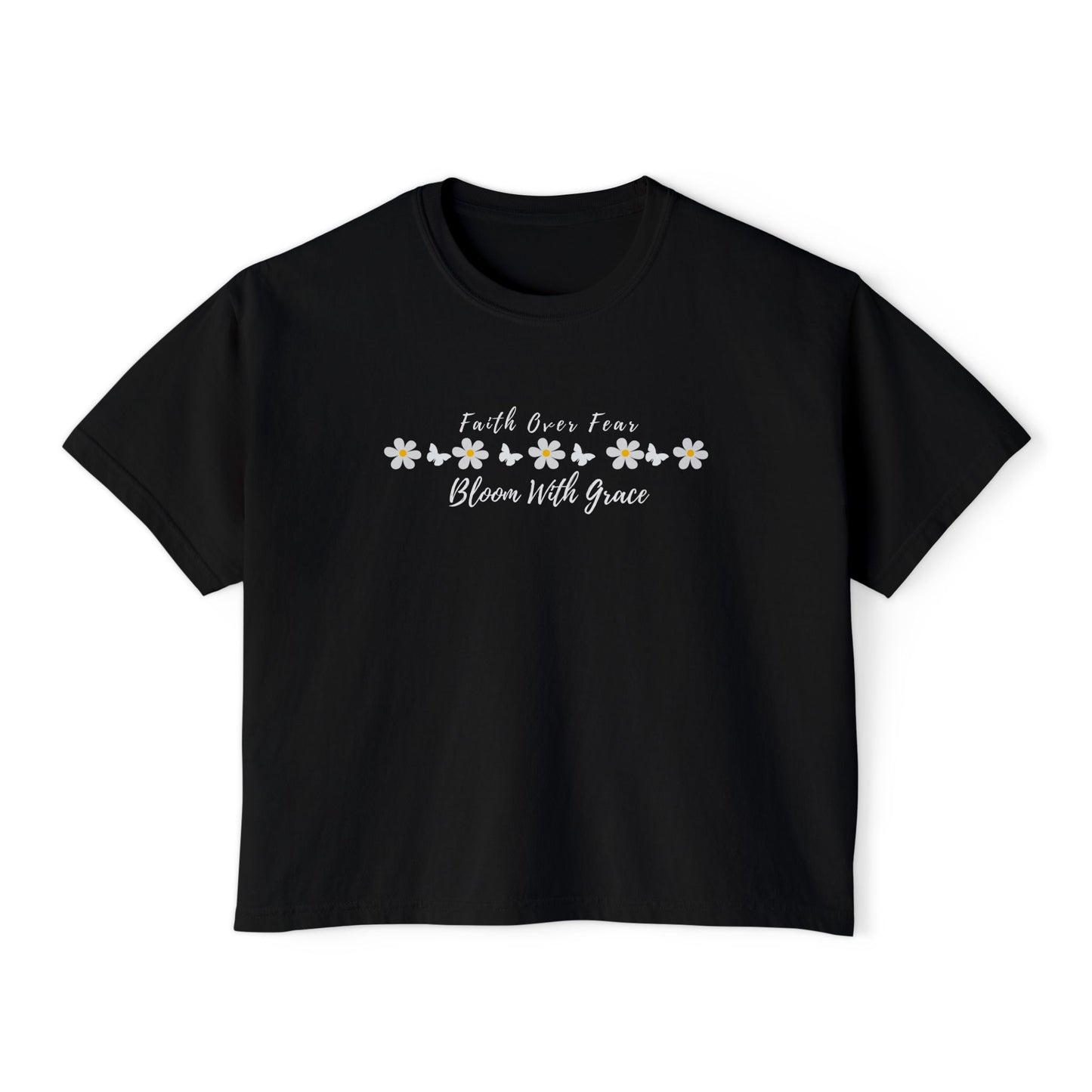 Faith Over Fear Floral Boxy Tee, “Bloom With Grace” Christian Crop Shirt - 14950