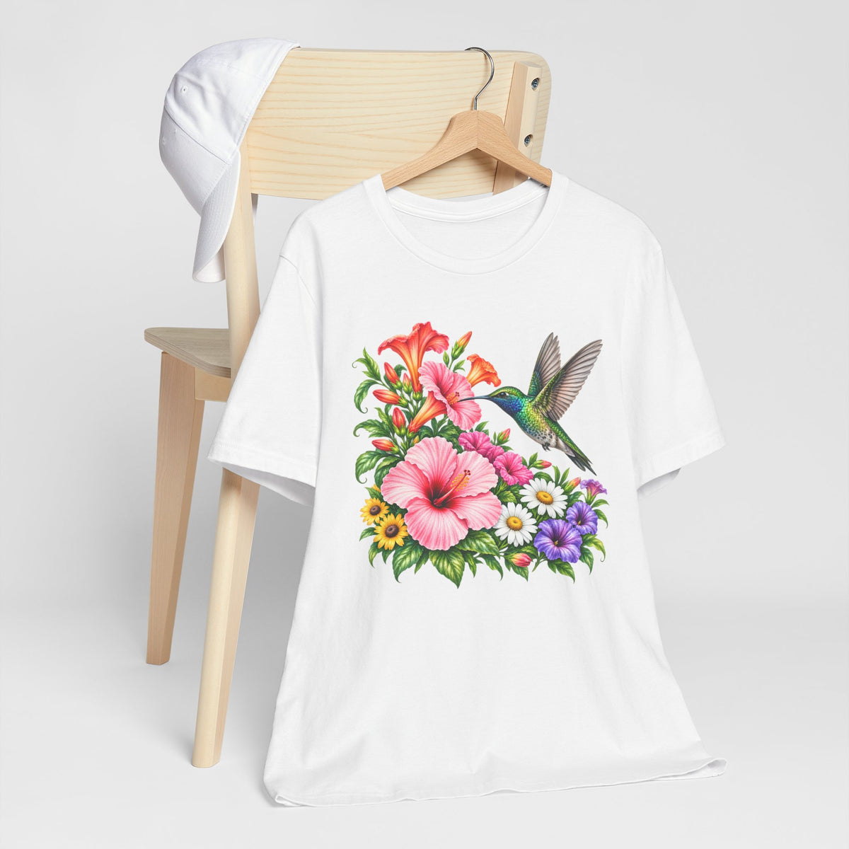 Hummingbird & Hibiscus T-Shirt, Colorful Tropical Floral Garden Tee - 14542
