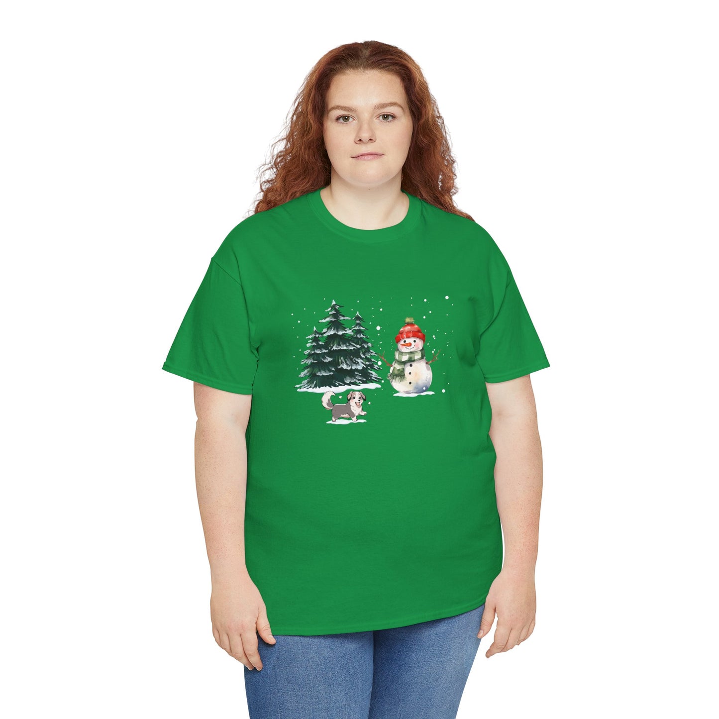 Winter Trees, Snowman & Puppy - Unisex Heavy Cotton Tee - 10278