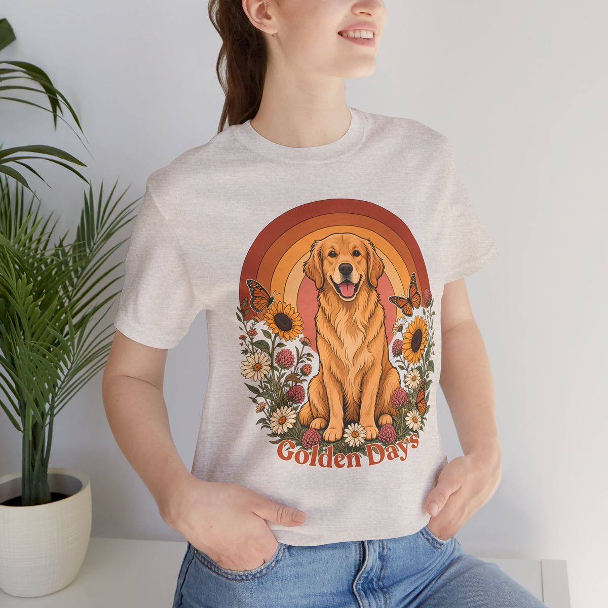 Golden Days Golden Retriever T-Shirt,  Retro Sunset Floral Dog Tee - 14969