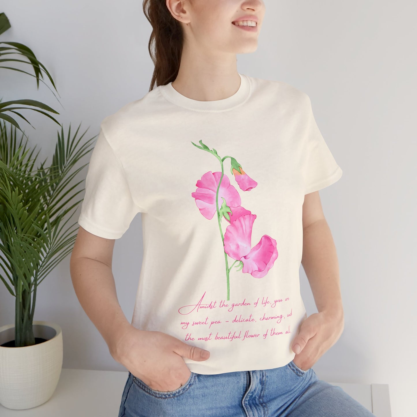 Sweet Pea Floral T-Shirt, Pink Watercolor Flower Graphic Tee - 14962