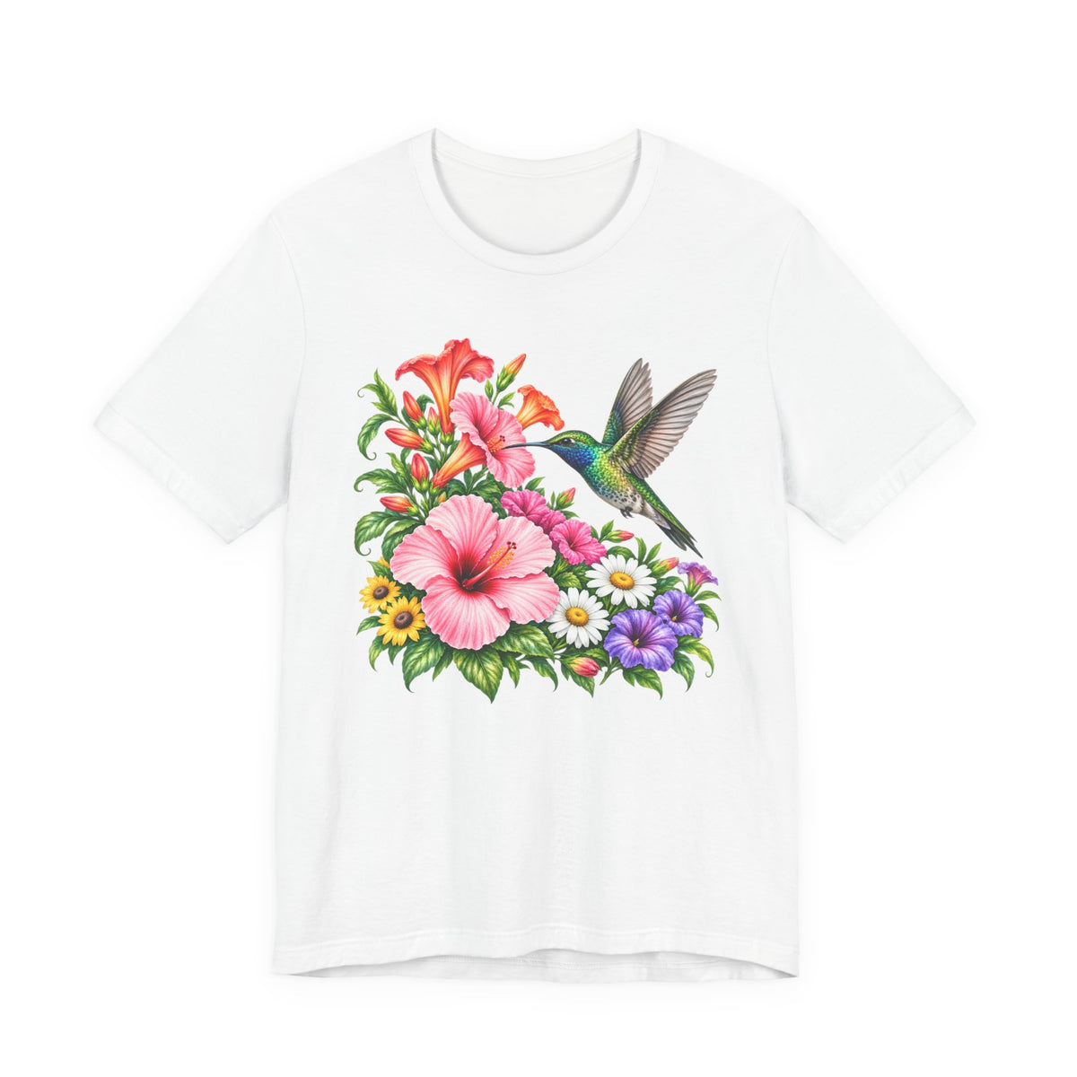 Hummingbird & Hibiscus T-Shirt, Colorful Tropical Floral Garden Tee - 14542