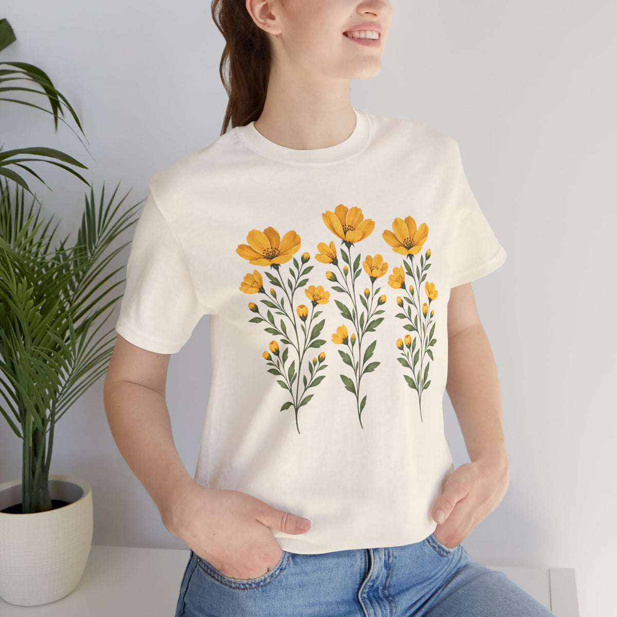 Golden Yellow Wildflower T-Shirt, Vintage Botanical Floral Tee - 14544