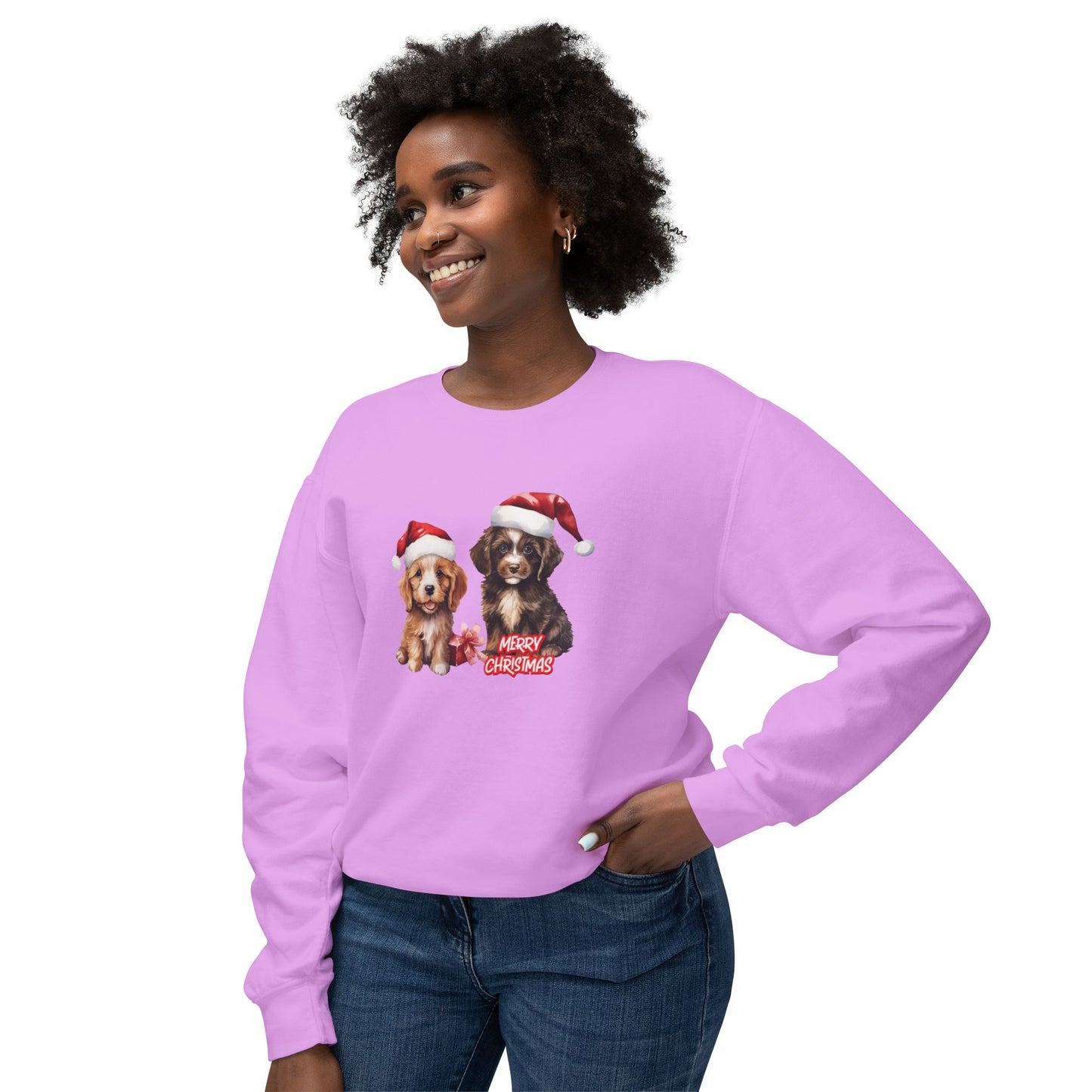 Two Puppies, Merry Christmas - Unisex Lightweight Crewneck Sweatshirt - 10269